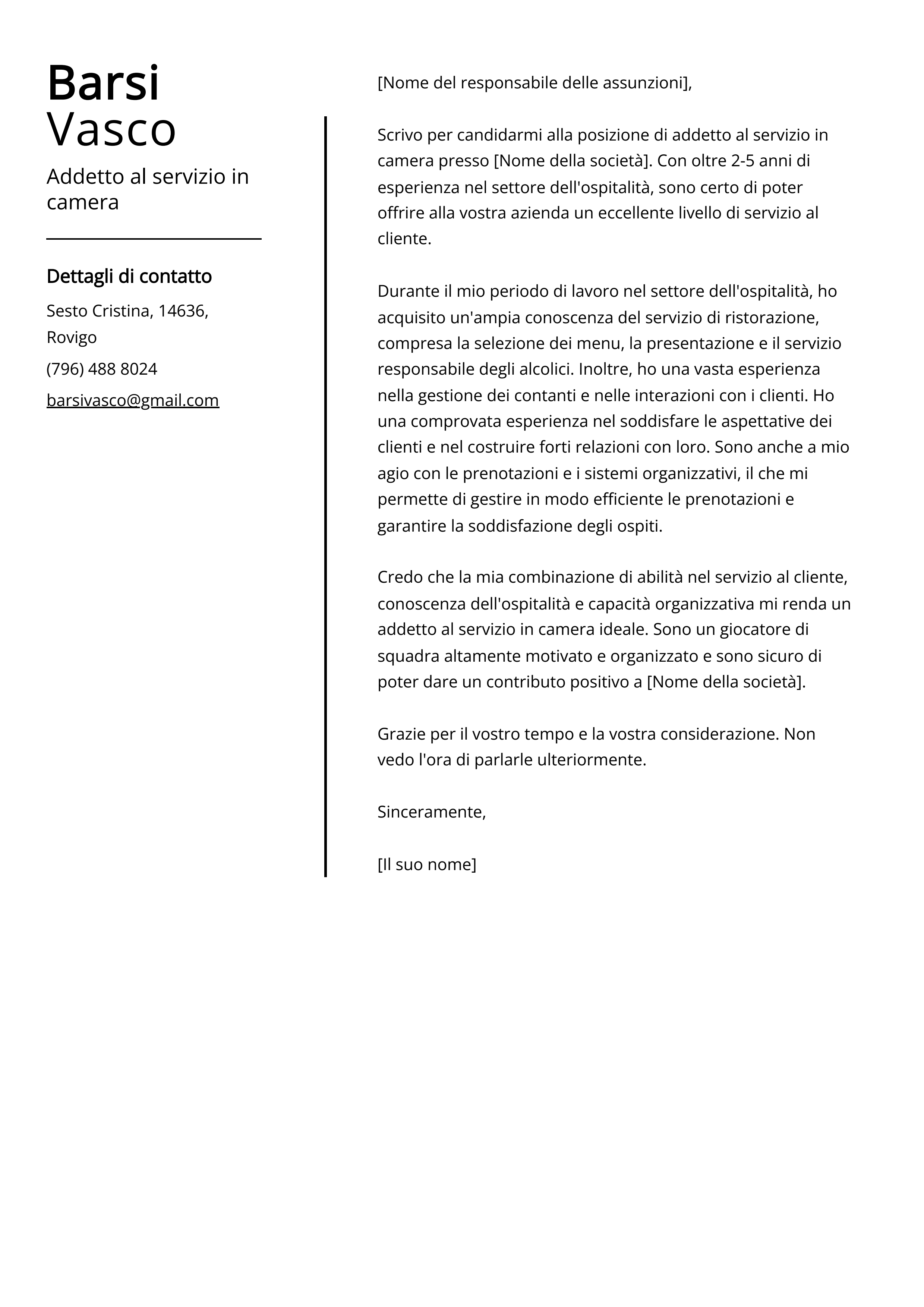 Esempio di lettera di presentazione per Addetto al servizio in camera