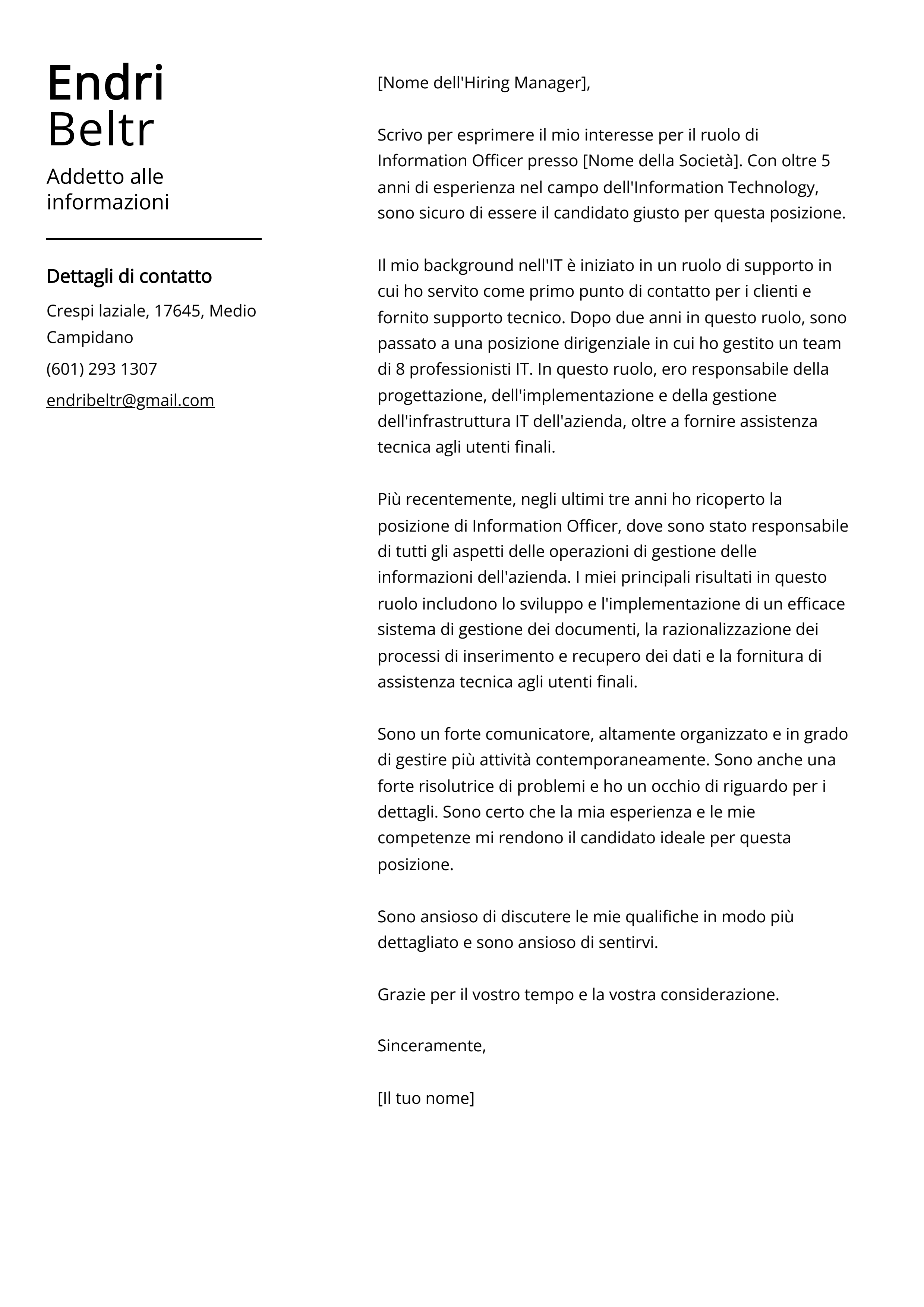 Addetto alle informazioni Esempio di lettera di presentazione