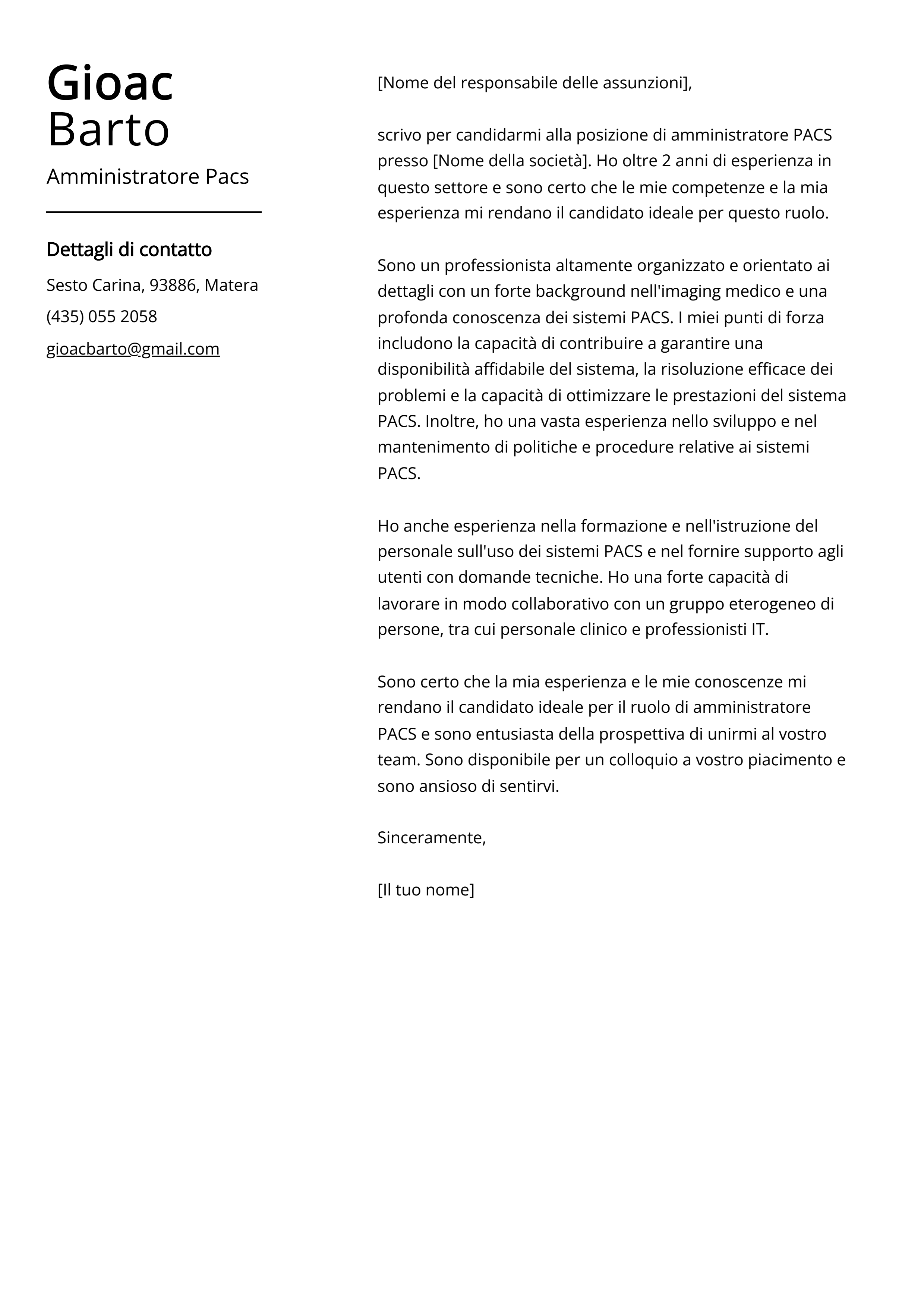 Esempio di lettera di presentazione per amministratore Pacs