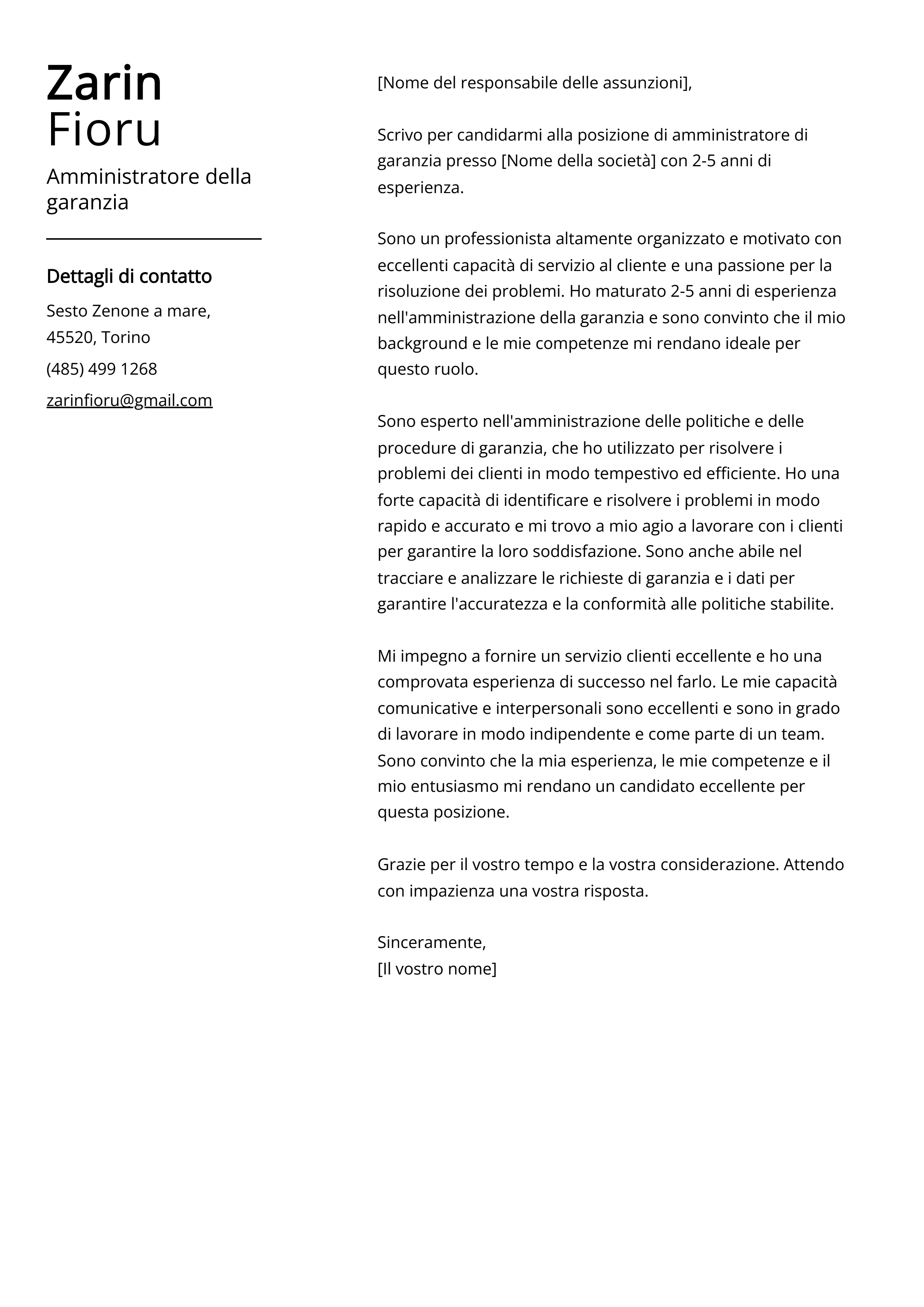 Esempio di lettera di presentazione per amministratore della garanzia