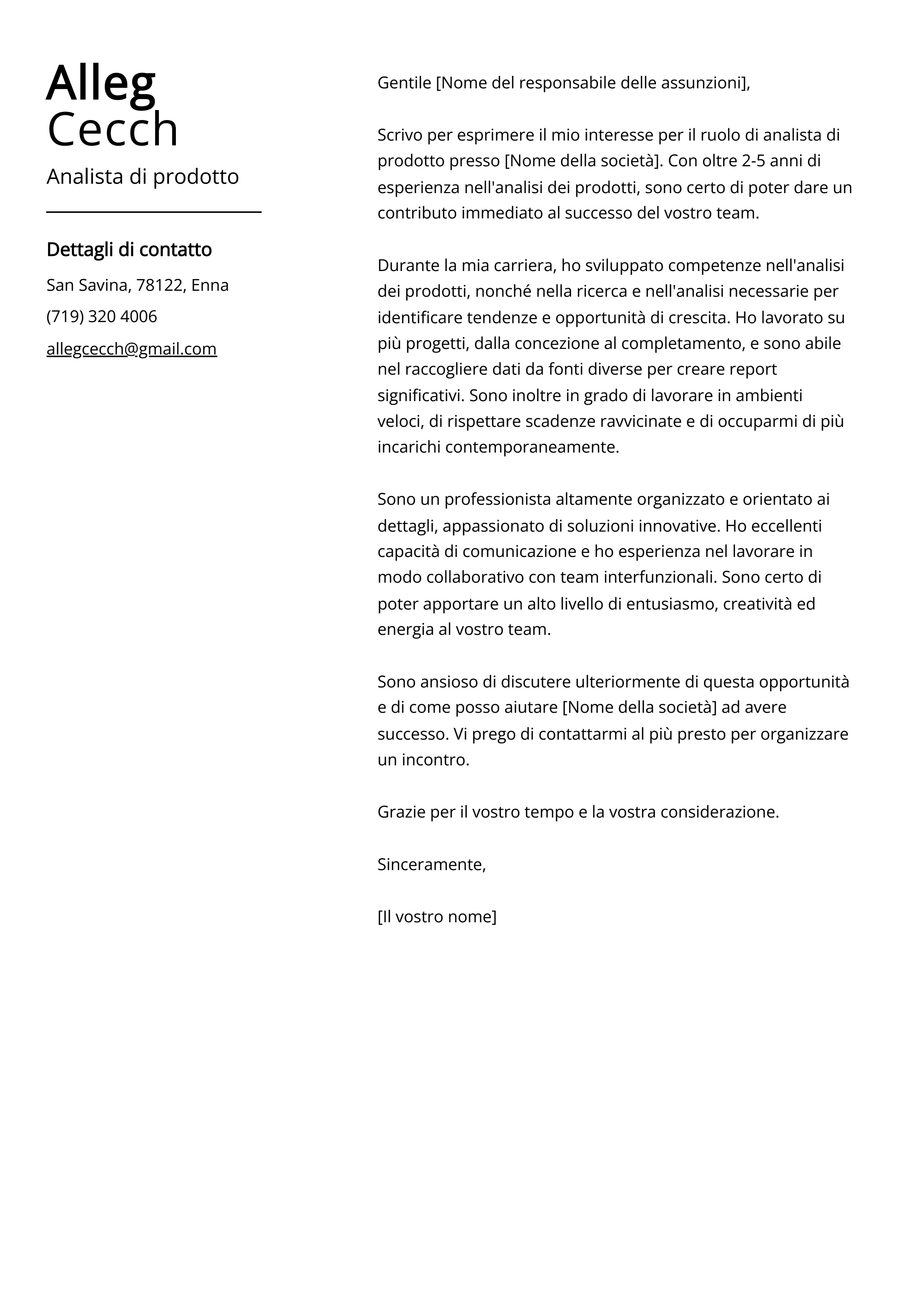 Esempio di lettera di presentazione per analista di prodotto