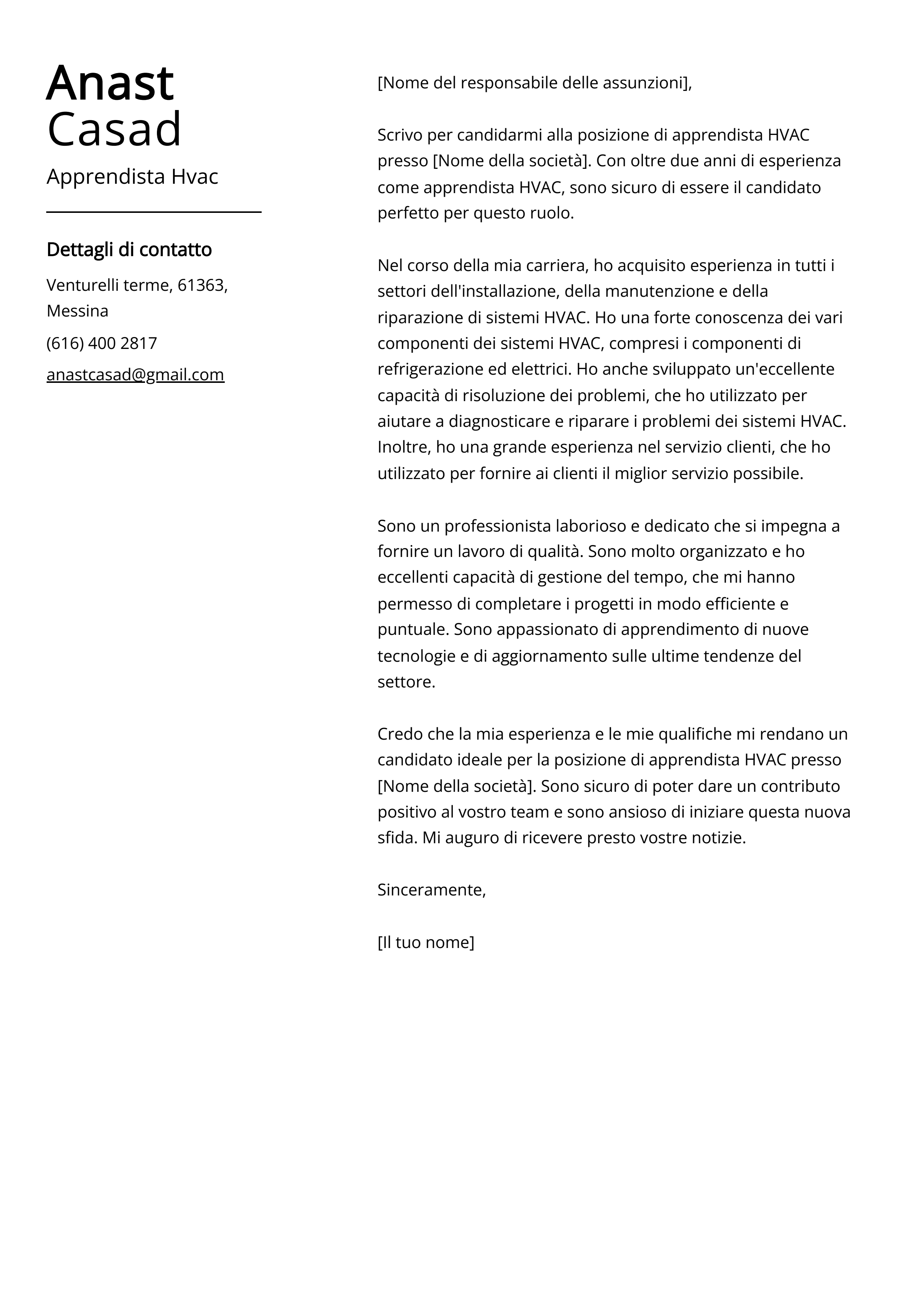 Esempio di lettera di presentazione per apprendista Hvac