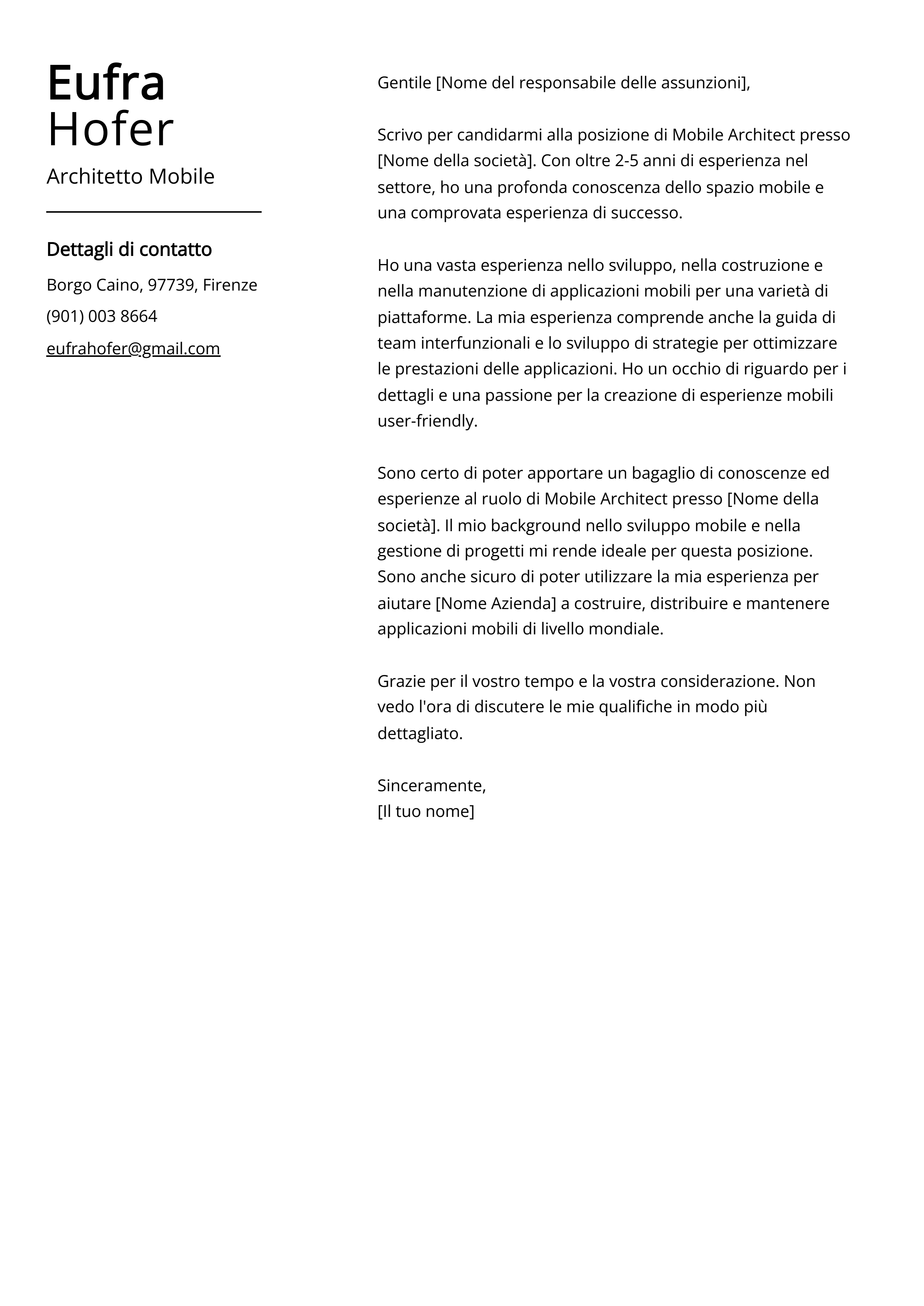 Esempio di lettera di presentazione per Architetto Mobile