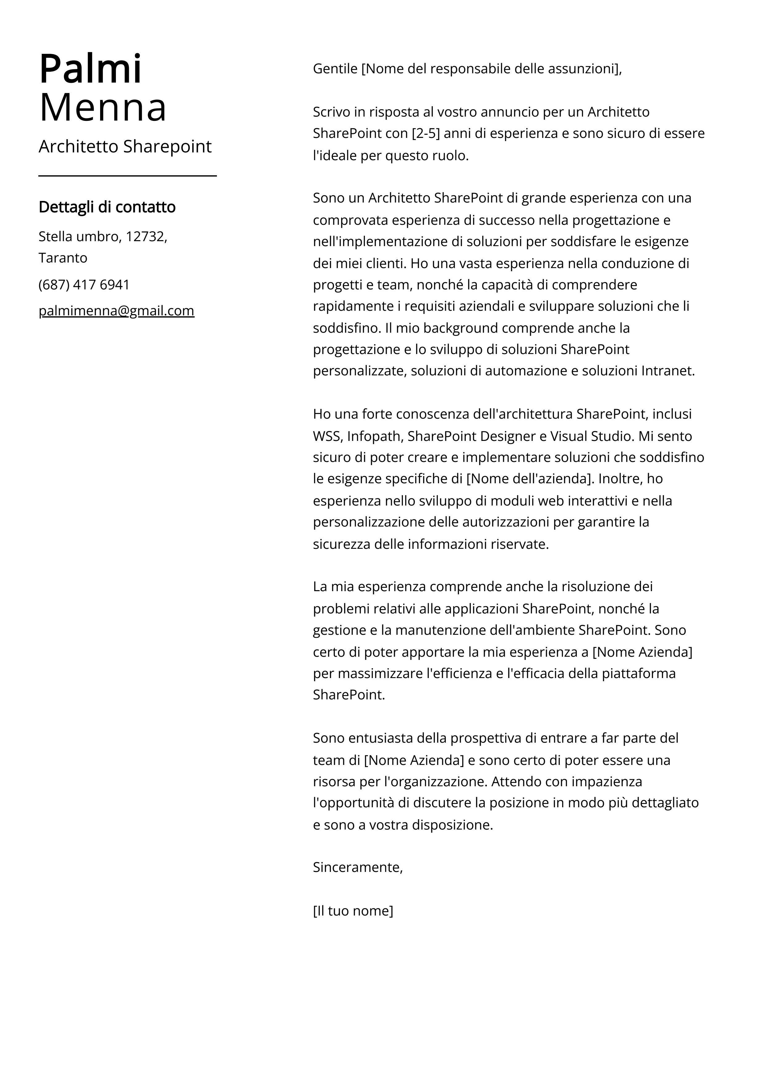 Esempio di lettera di presentazione per Architetto Sharepoint