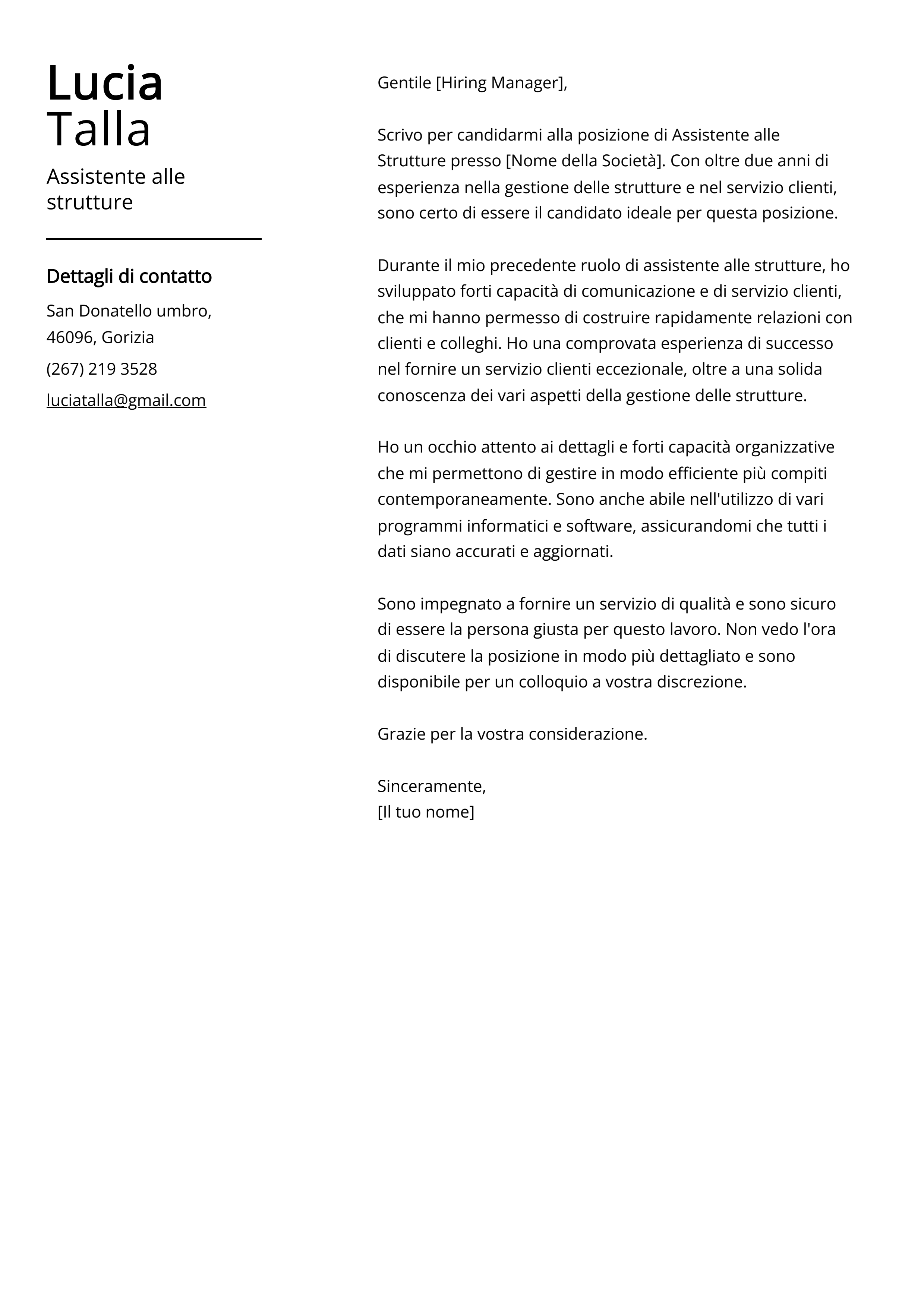 Esempio di lettera di presentazione per Assistente alle strutture