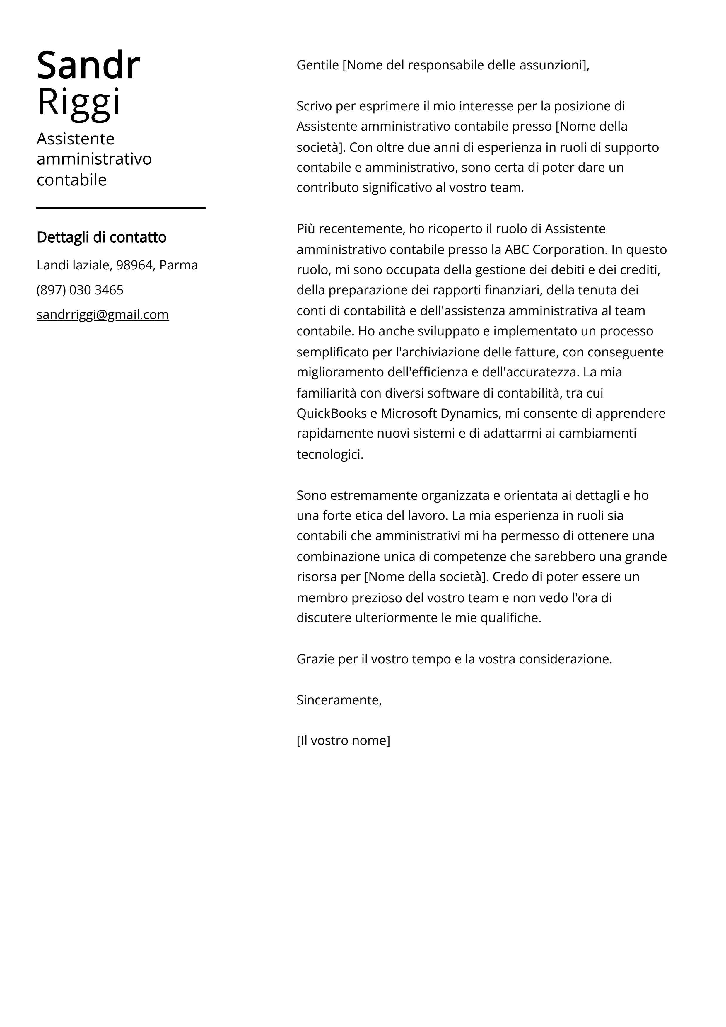 Esempio di lettera di presentazione per assistente amministrativo contabile