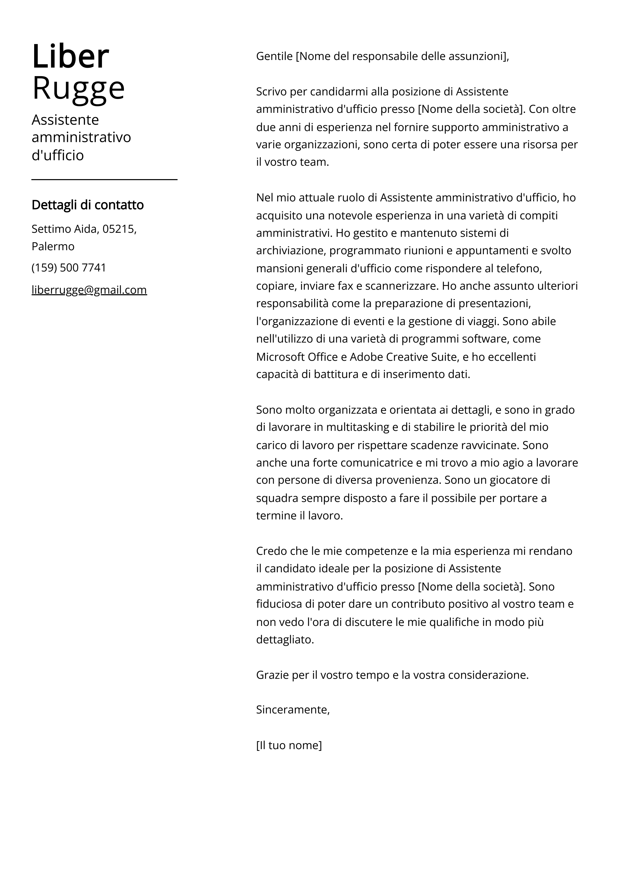 Esempio di lettera di presentazione per Assistente amministrativo d'ufficio