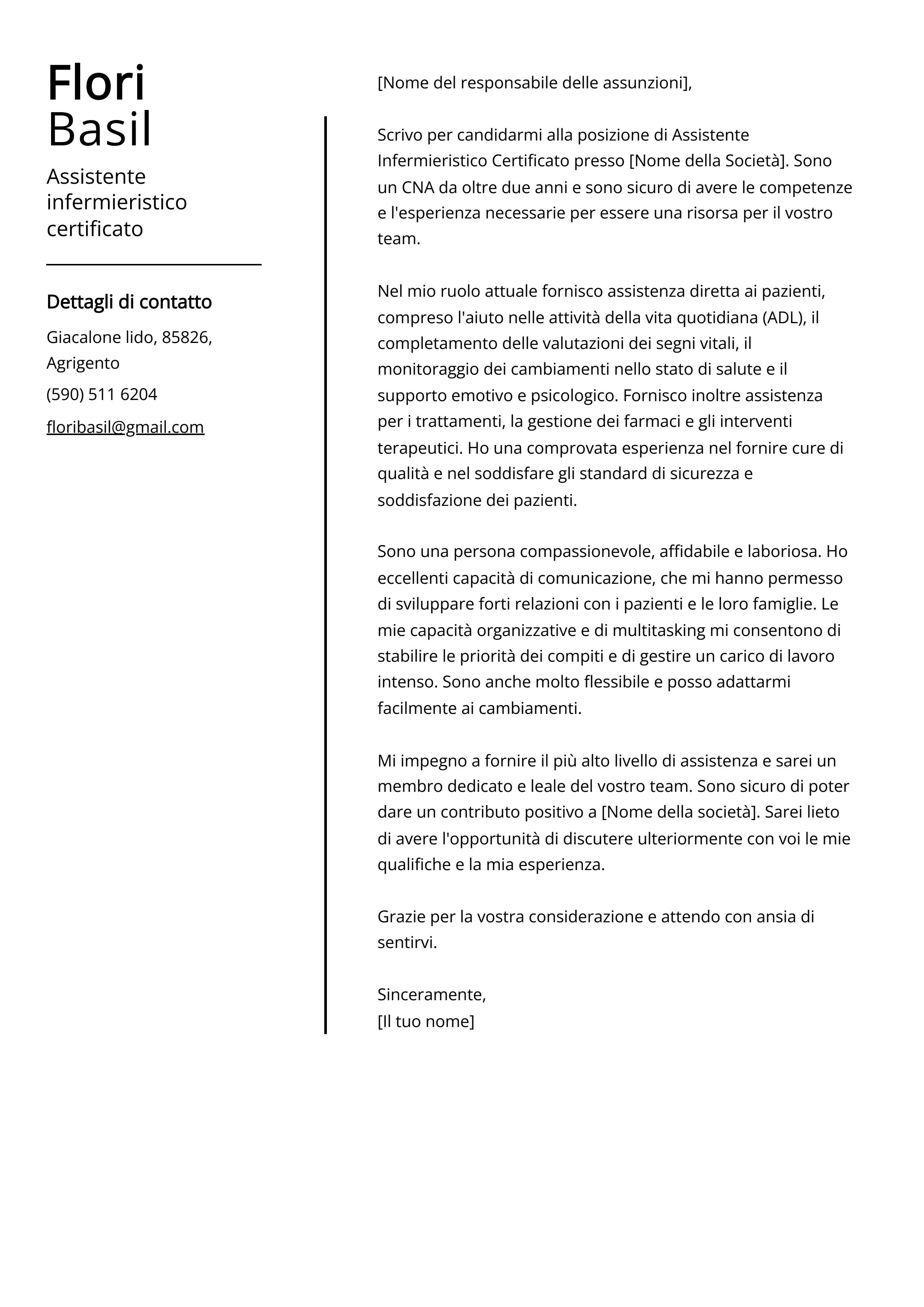 Assistente infermieristico certificato Esempio di lettera di presentazione