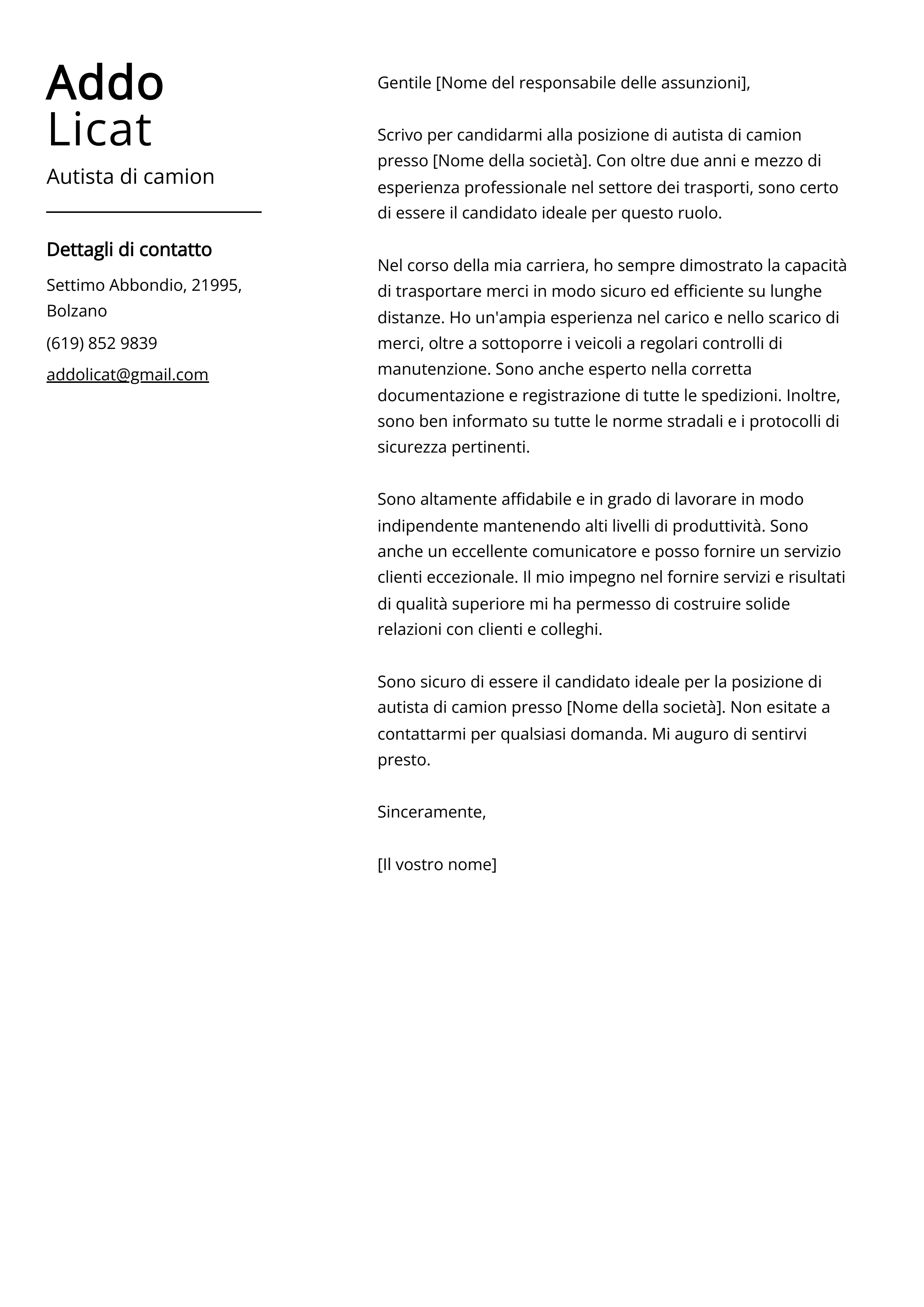 Esempio di lettera di presentazione per autista di camion