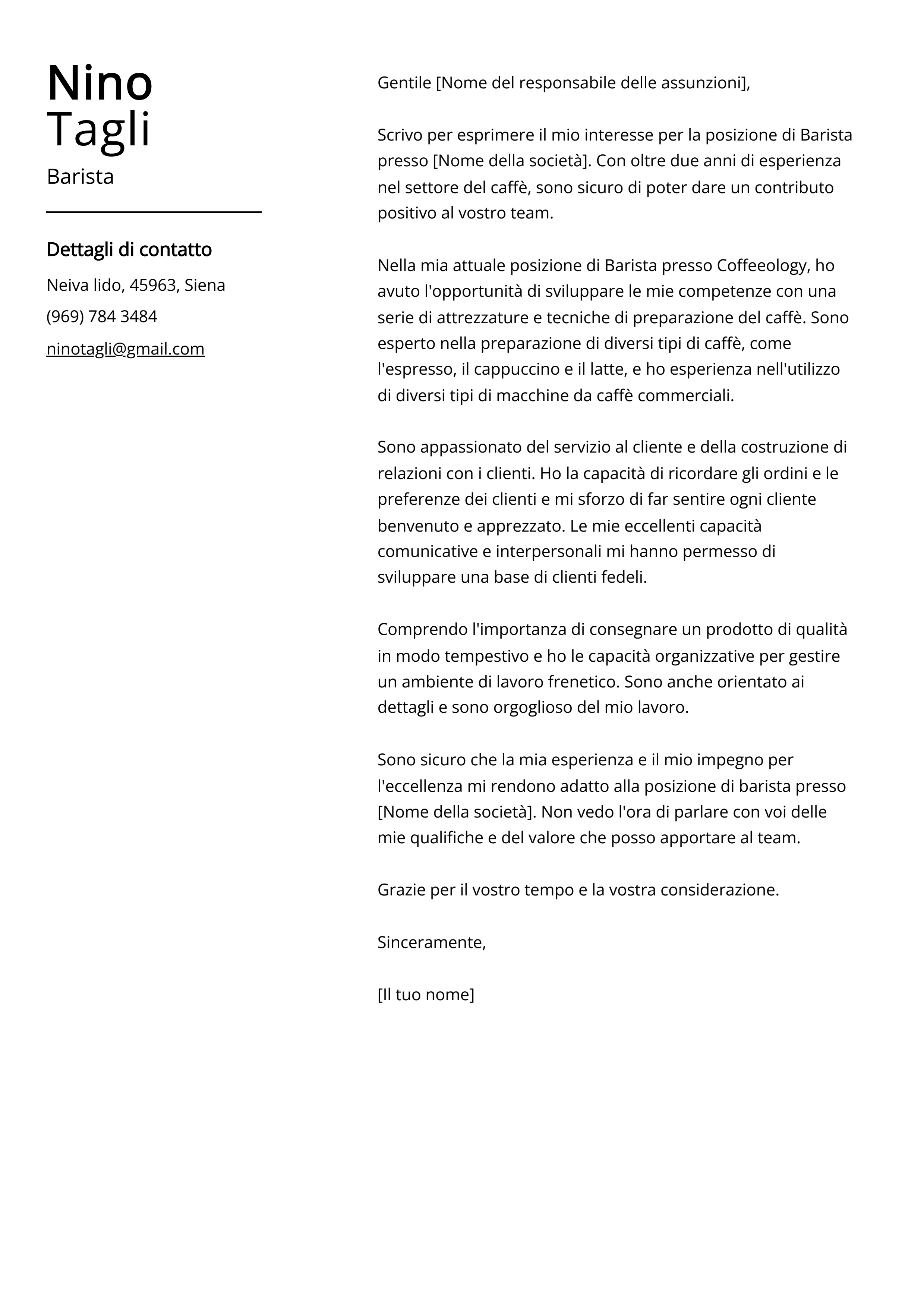 Esempio di lettera di presentazione Barista