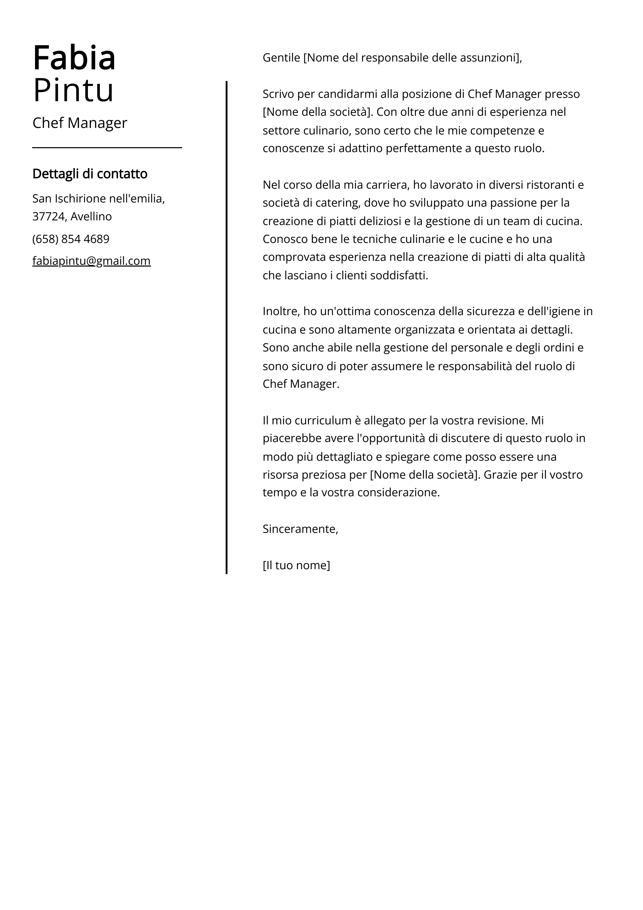 Esempio di lettera di presentazione Chef Manager