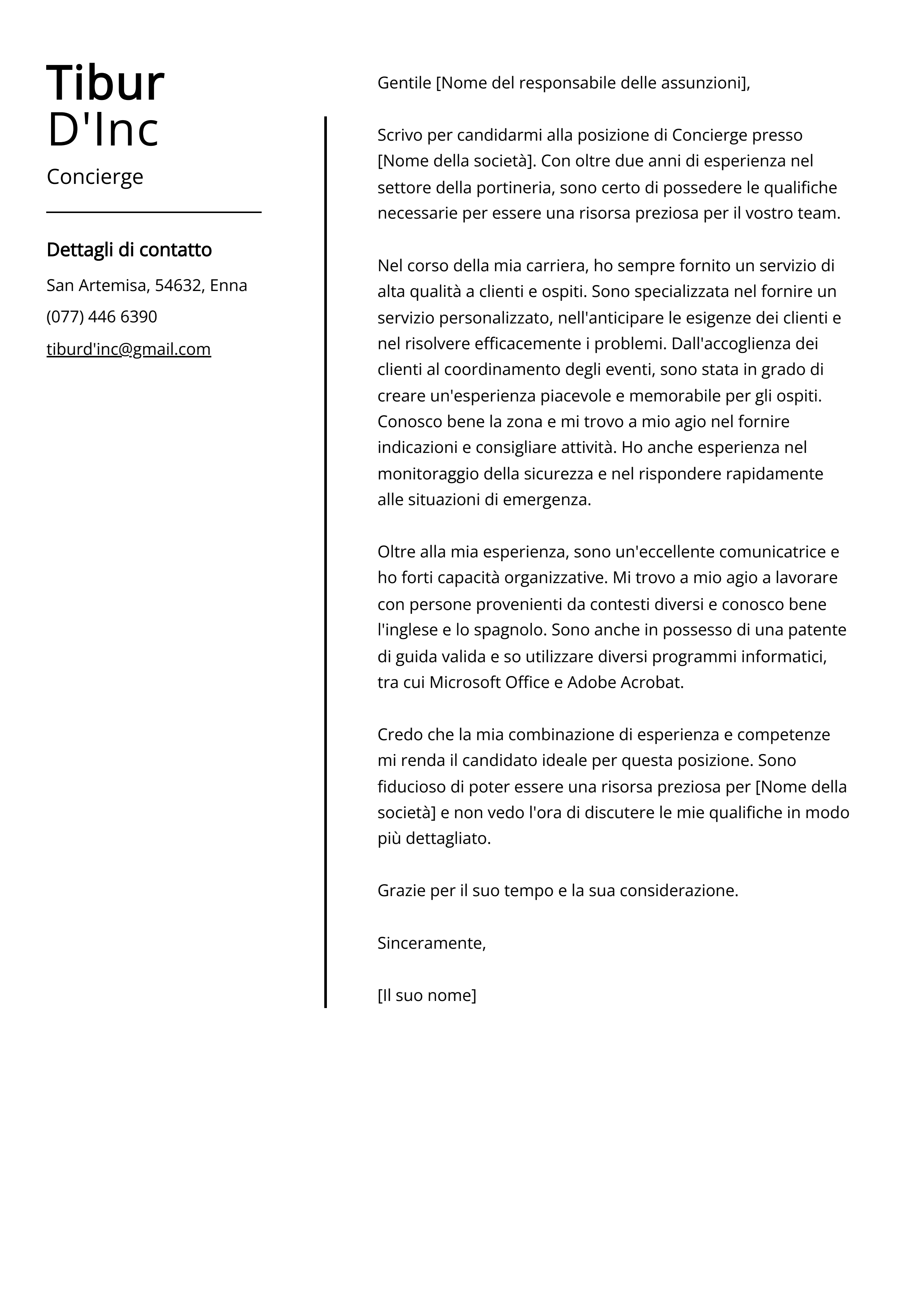 Esempio di lettera di presentazione Concierge