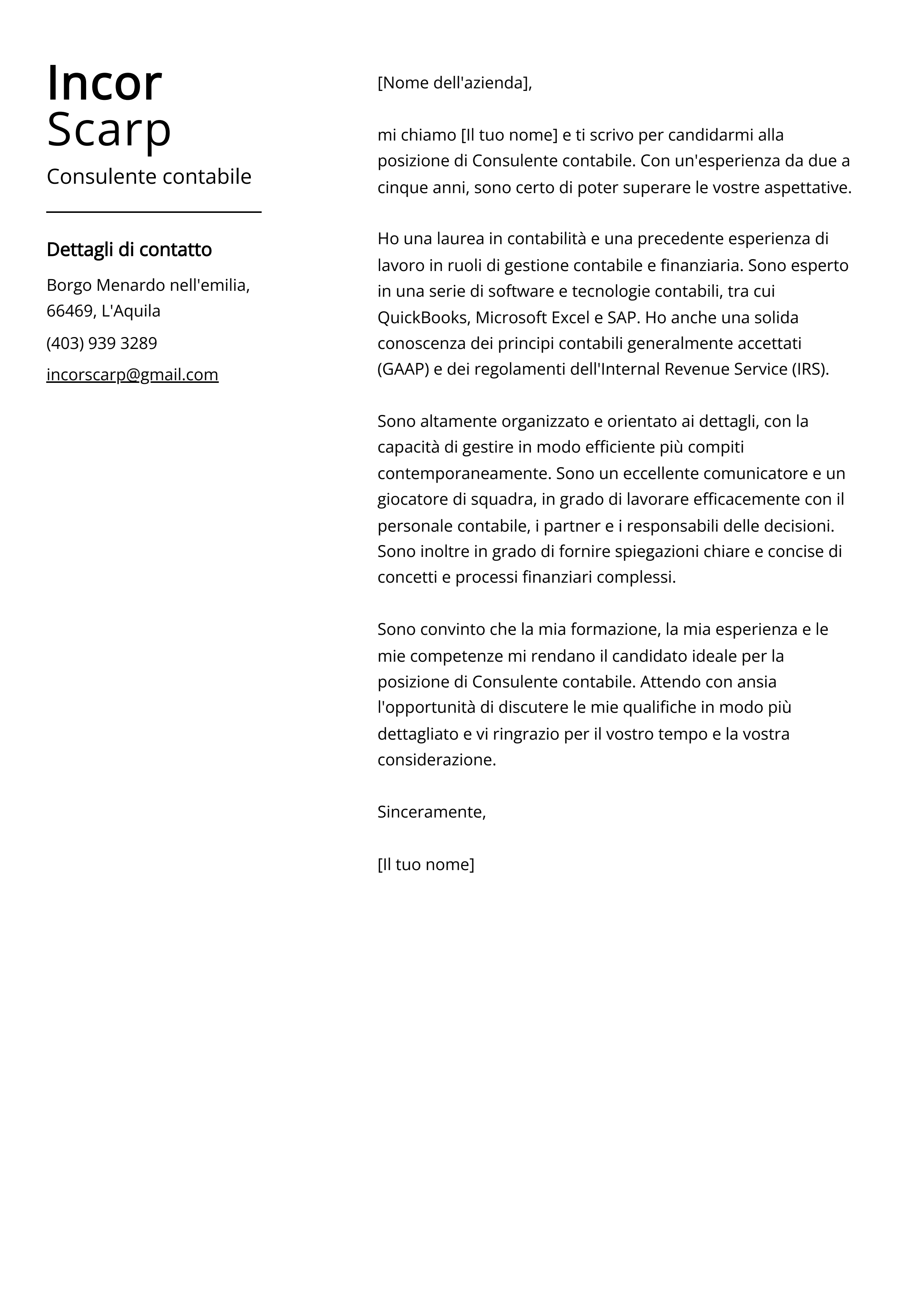 Esempio di lettera di presentazione per consulente contabile