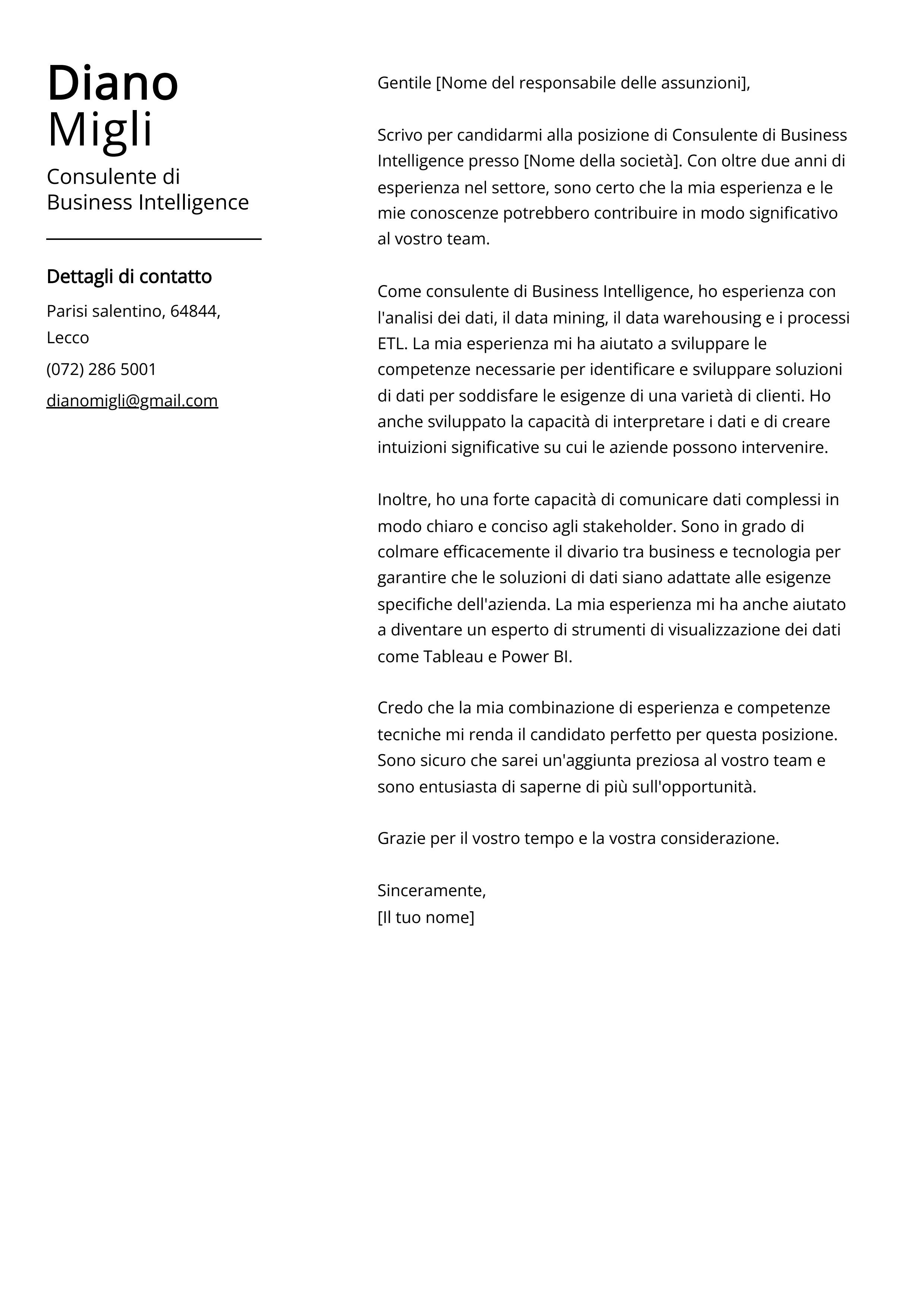 Esempio di lettera di presentazione per Consulente di Business Intelligence