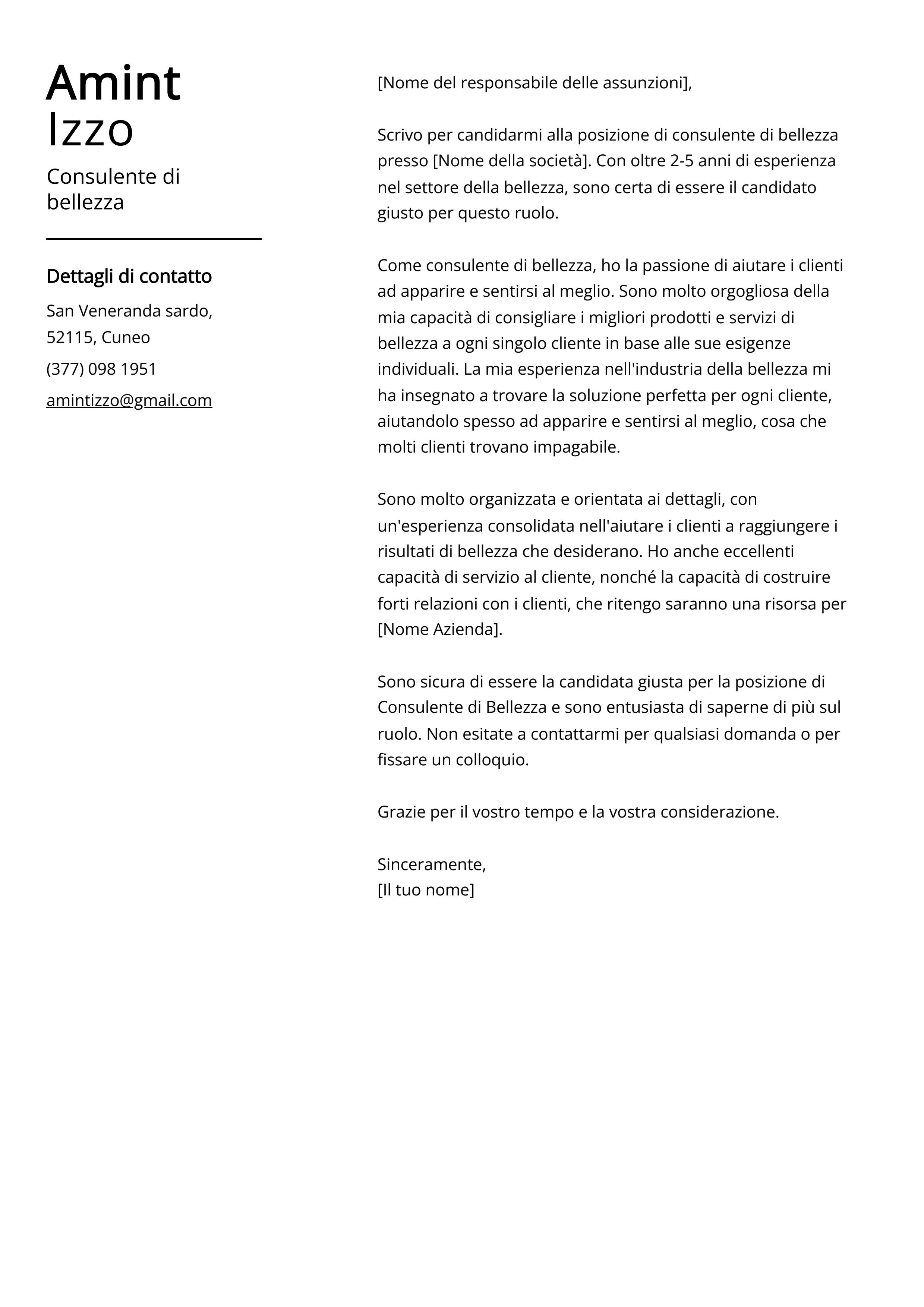 Esempio di lettera di presentazione per consulente di bellezza