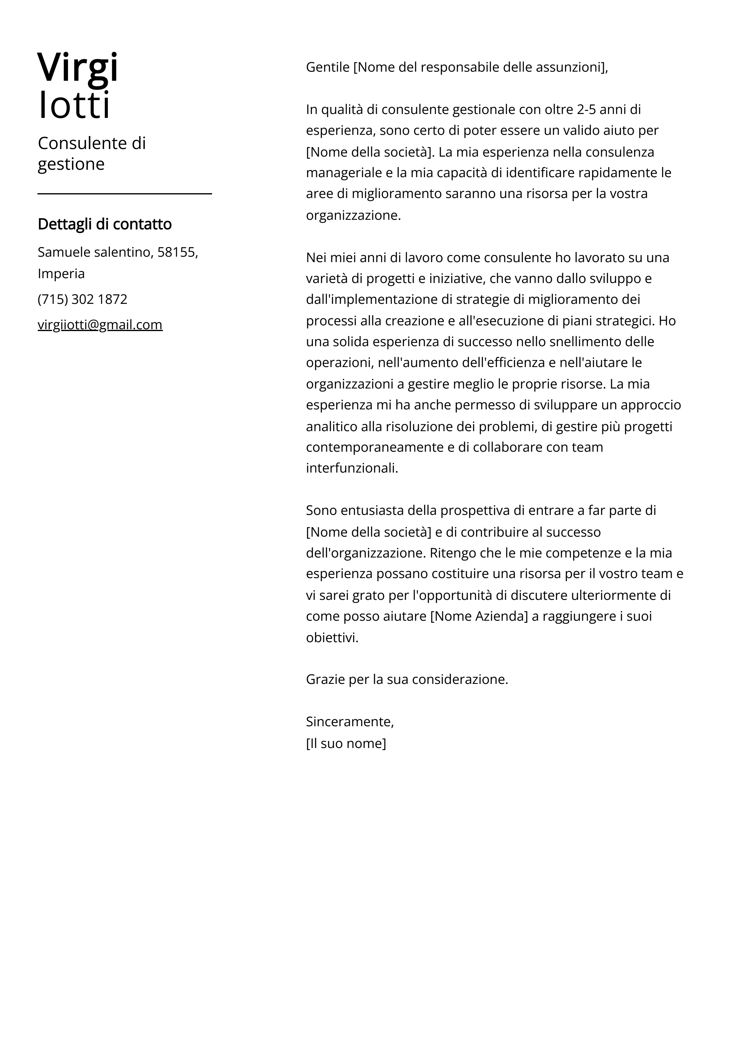 Consulente di gestione Esempio di lettera di presentazione