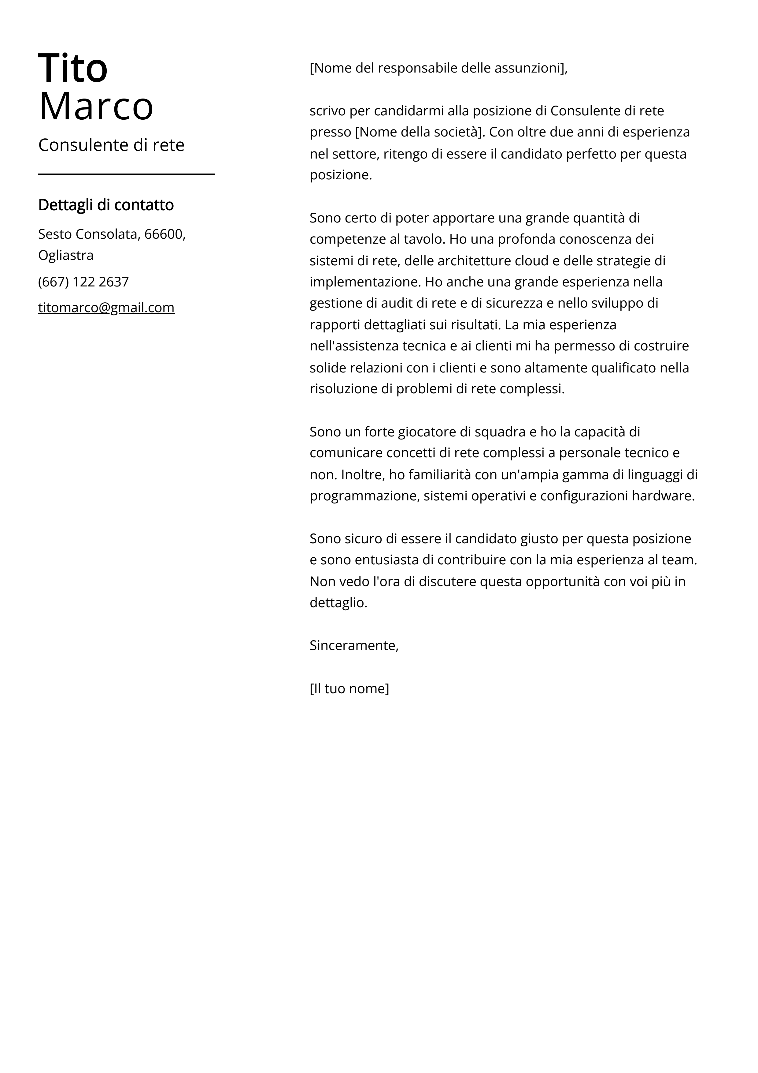 Consulente di rete Esempio di lettera di presentazione