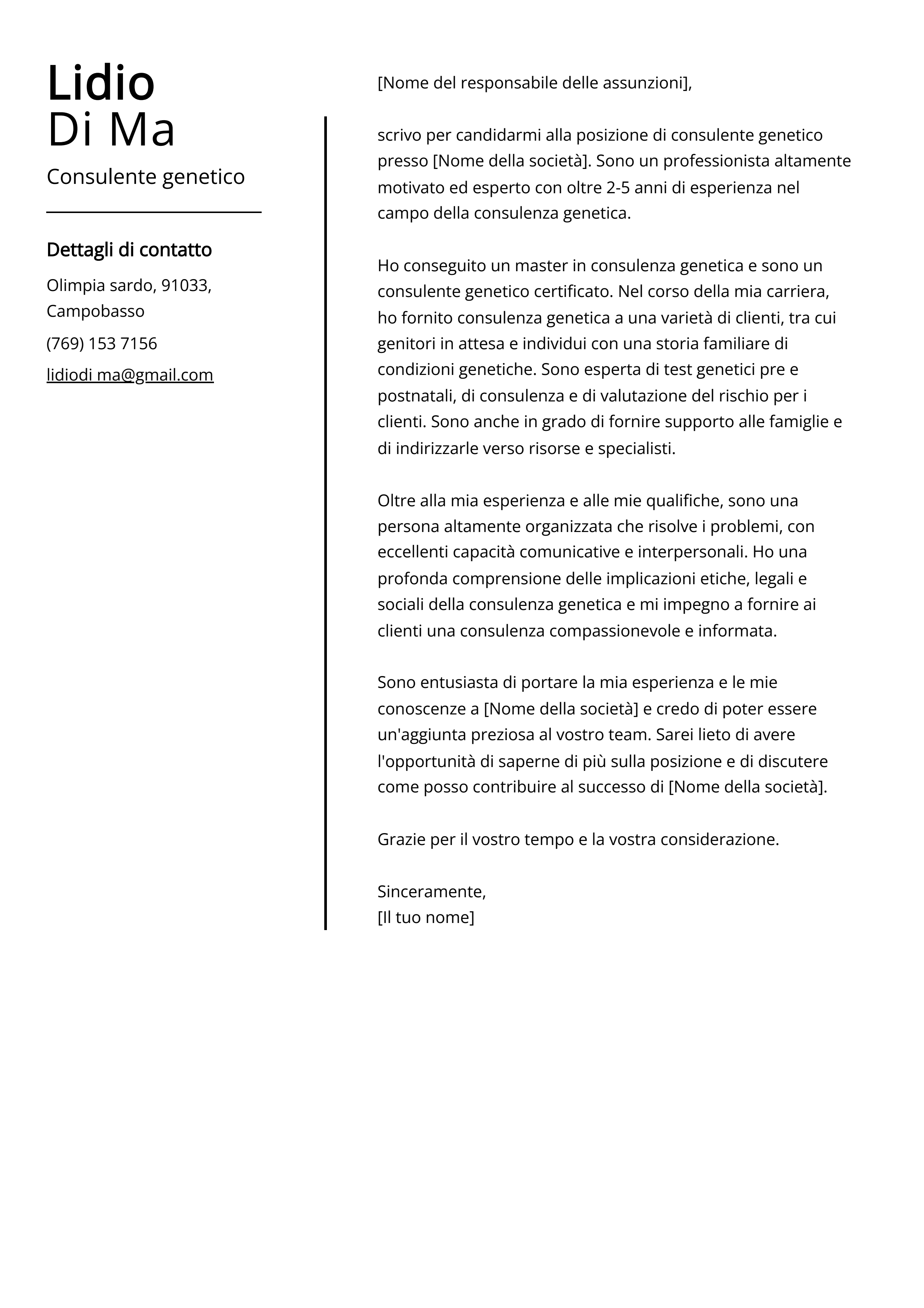 Esempio di lettera di presentazione per consulente genetico