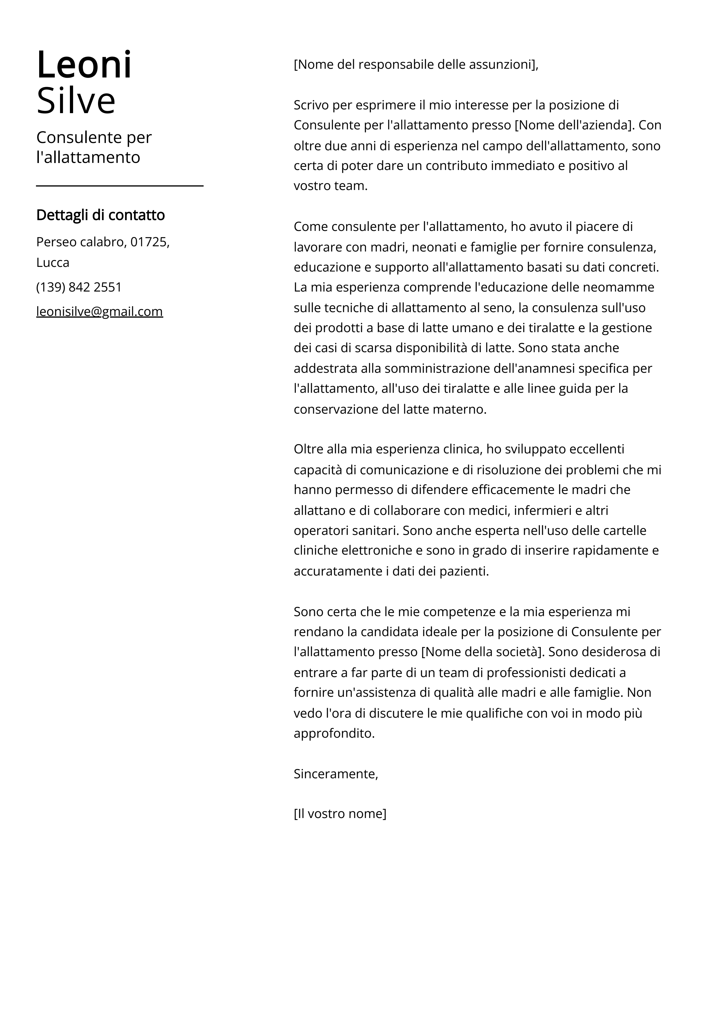 Consulente per l'allattamento Esempio di lettera di presentazione