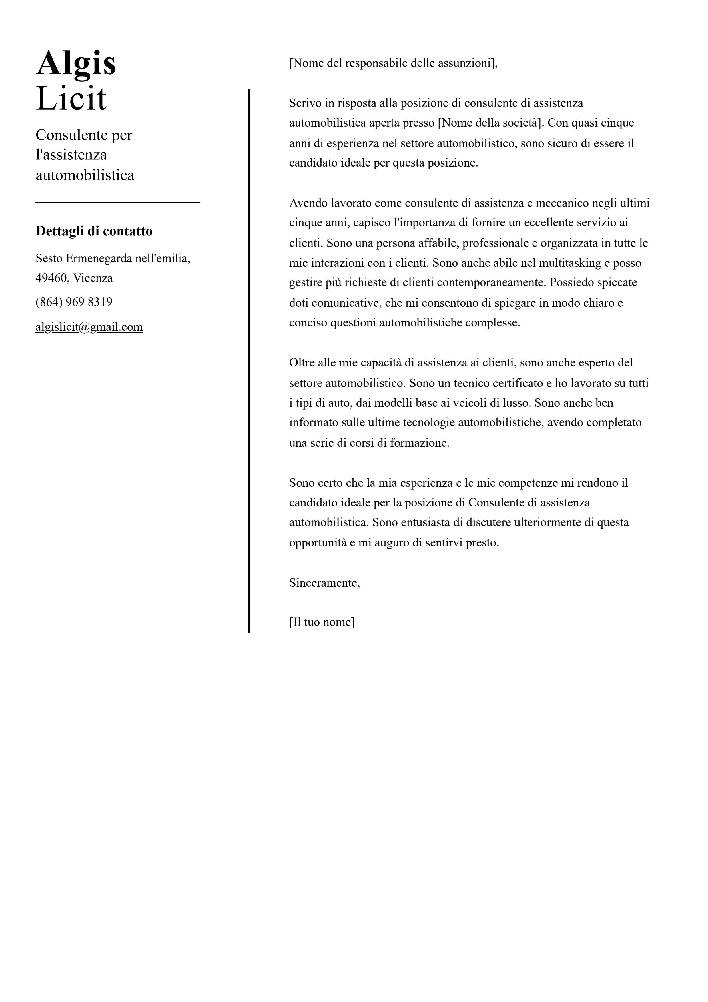 Consulente per l'assistenza automobilistica Esempio di lettera di presentazione