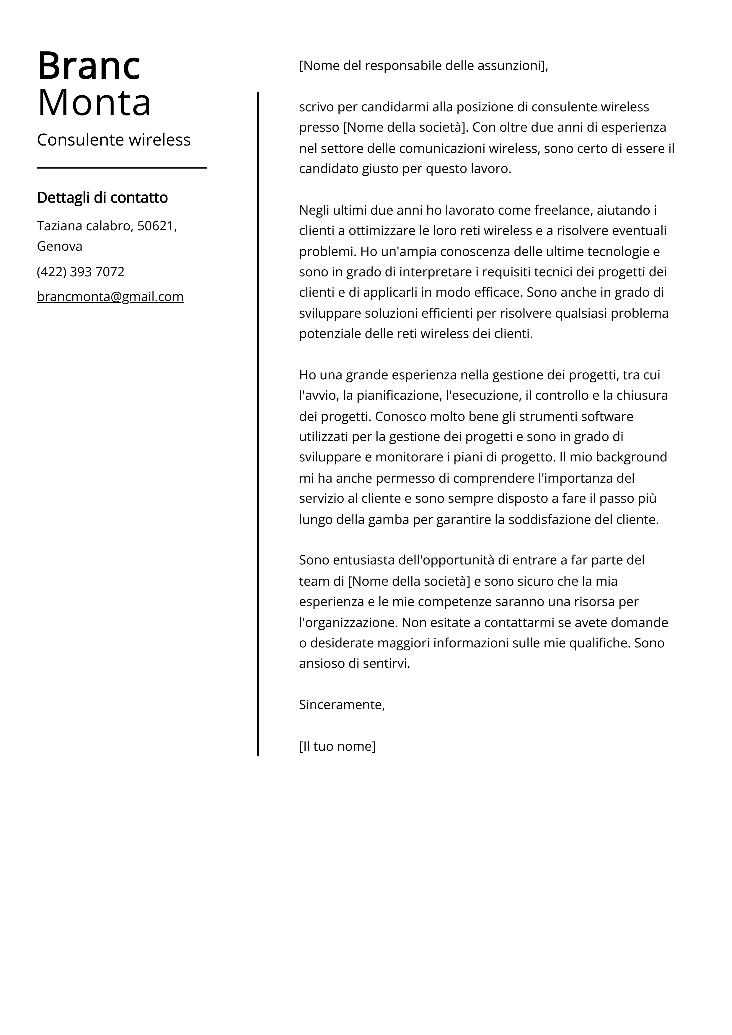 Esempio di lettera di presentazione per consulente wireless