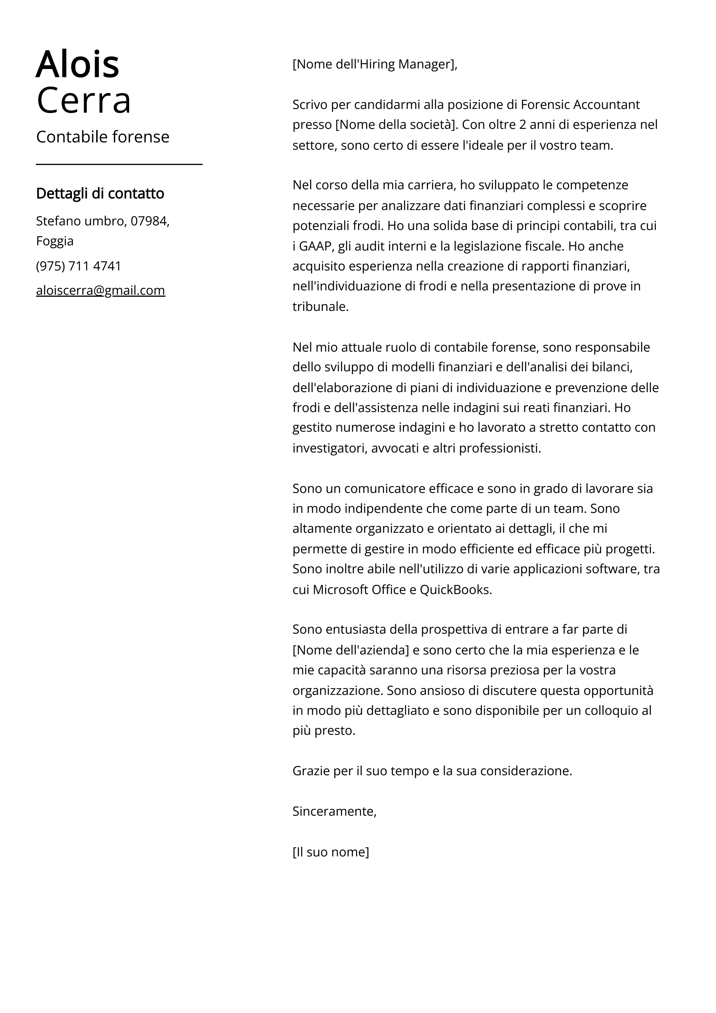 Esempio di lettera di presentazione di un Contabile forense