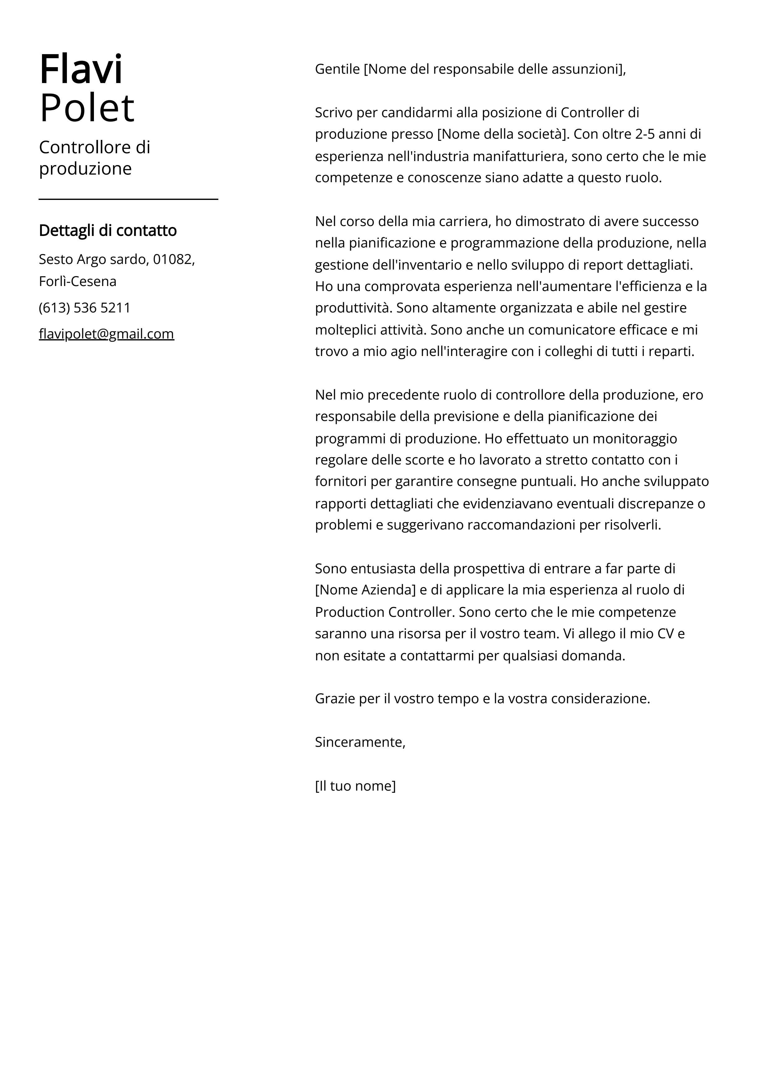 Esempio di lettera di presentazione per Controllore di produzione