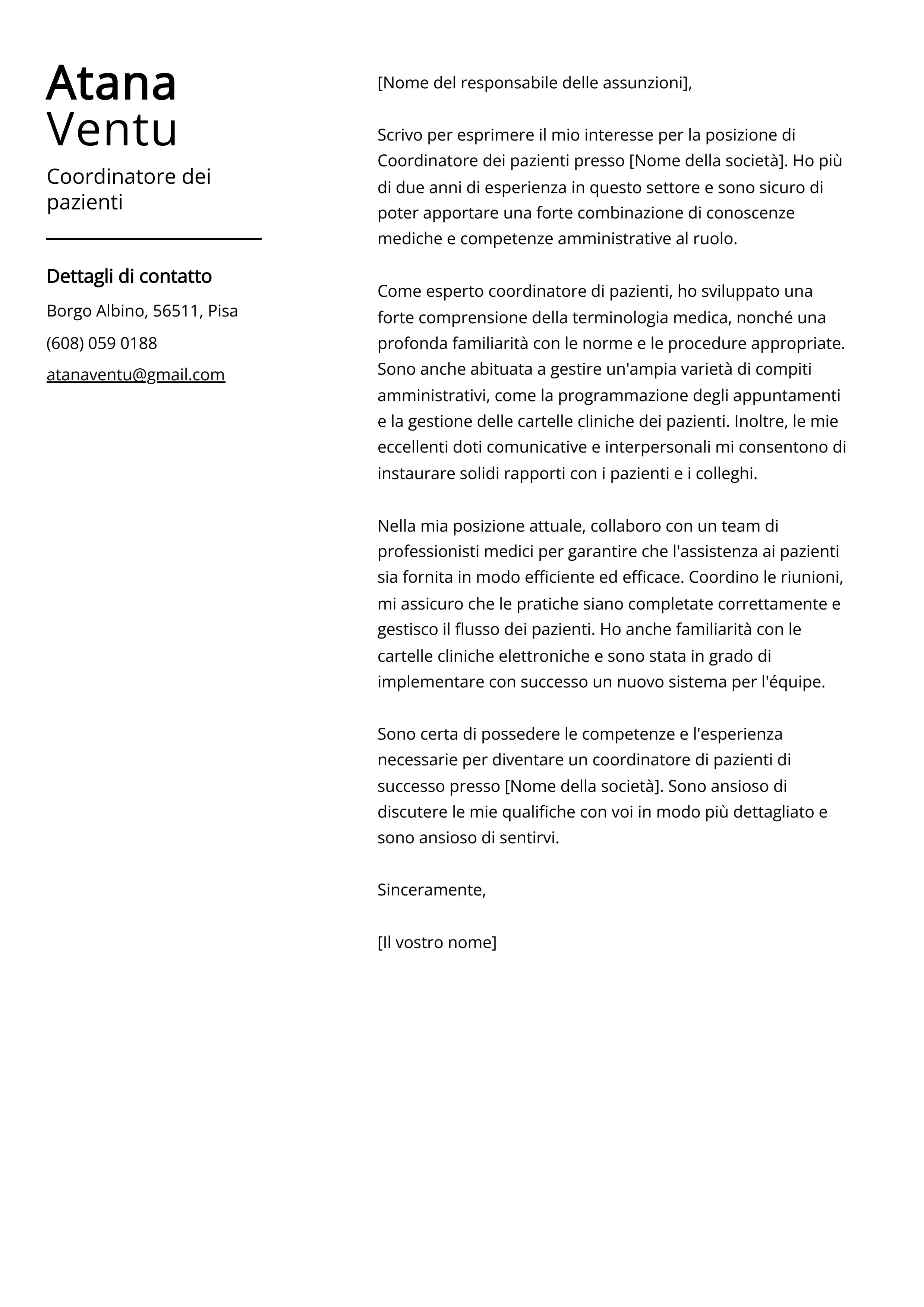 Esempio di lettera di presentazione del Coordinatore dei pazienti