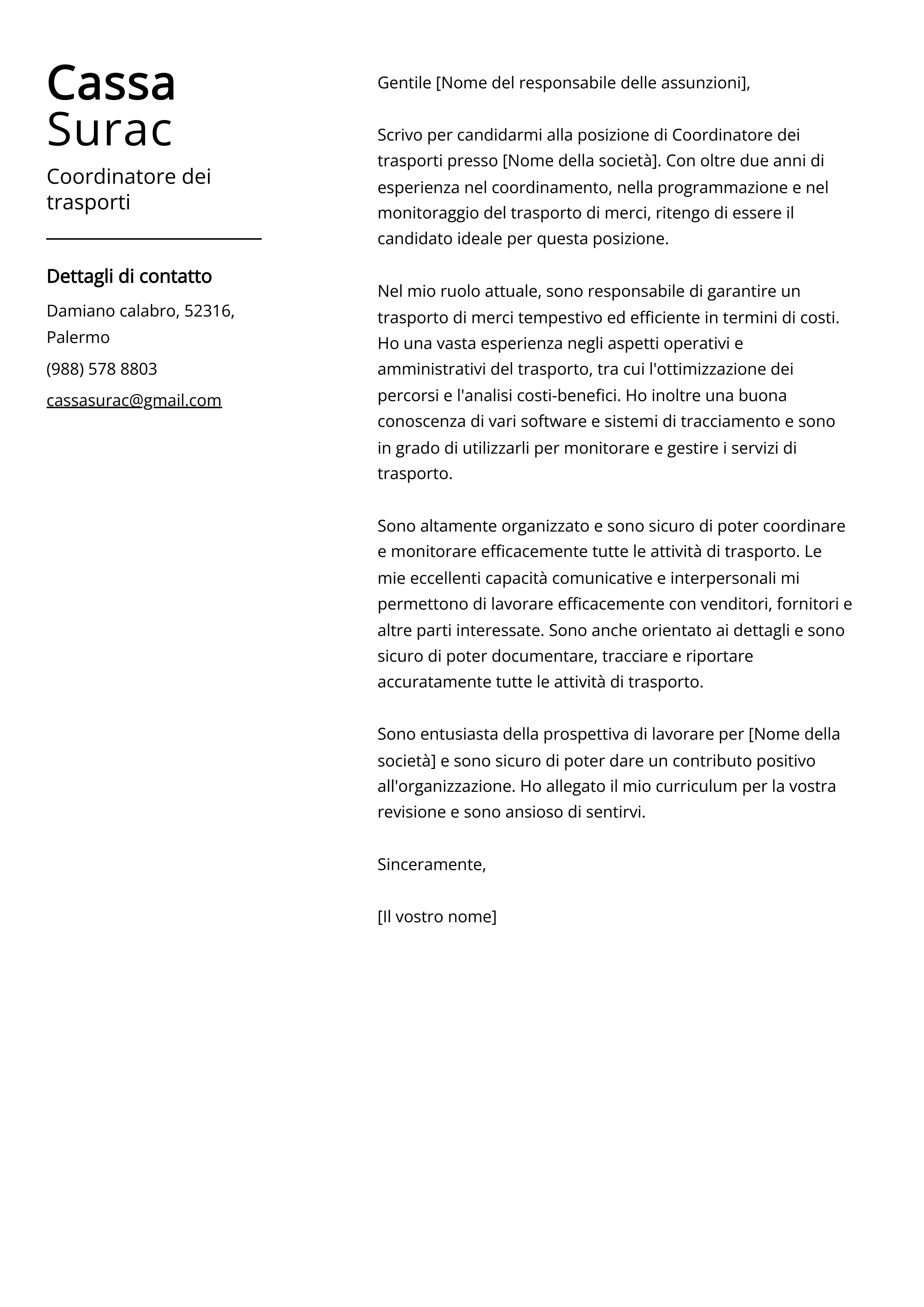 Esempio di lettera di presentazione del Coordinatore dei trasporti