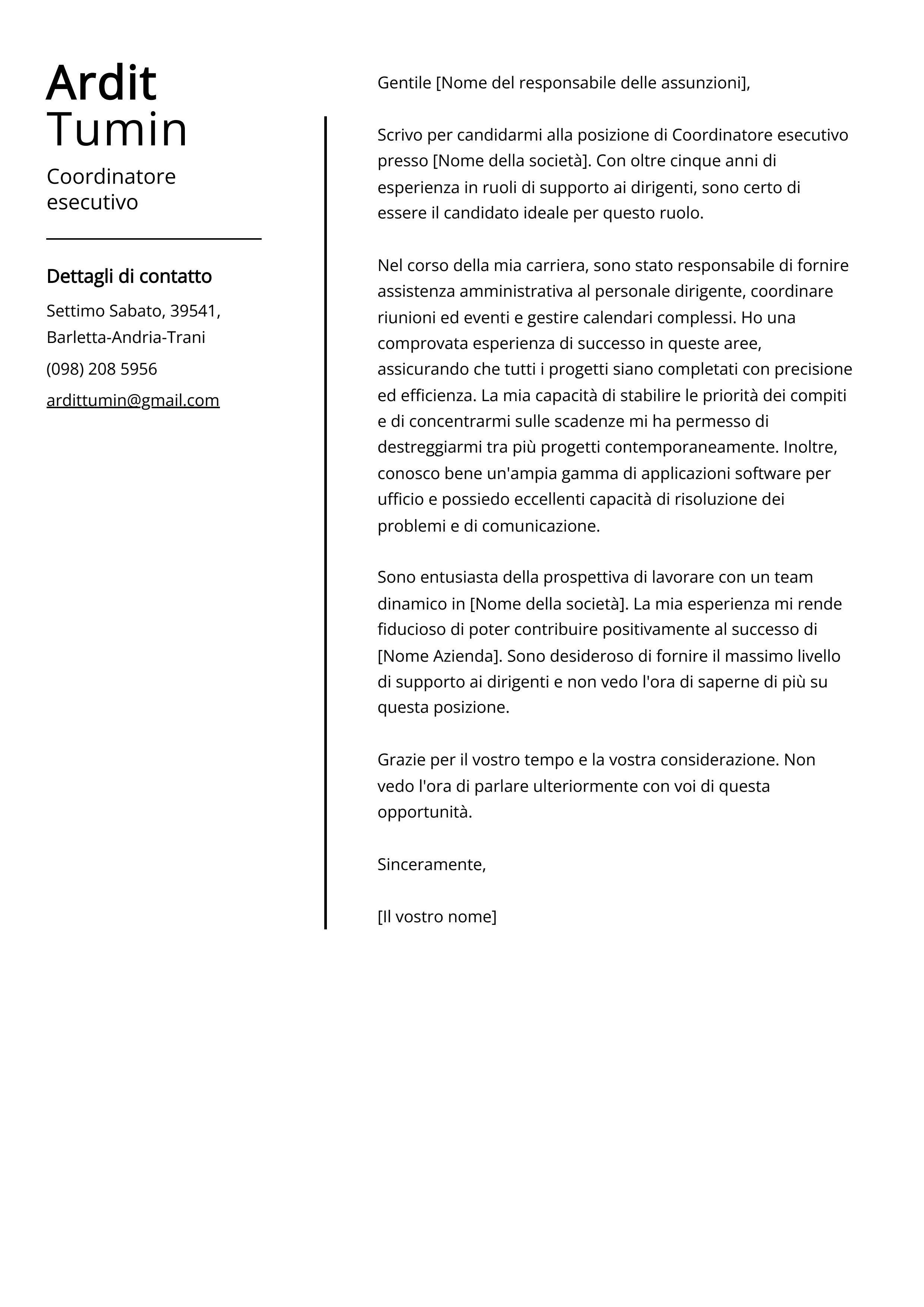 Esempio di lettera di presentazione per coordinatore esecutivo