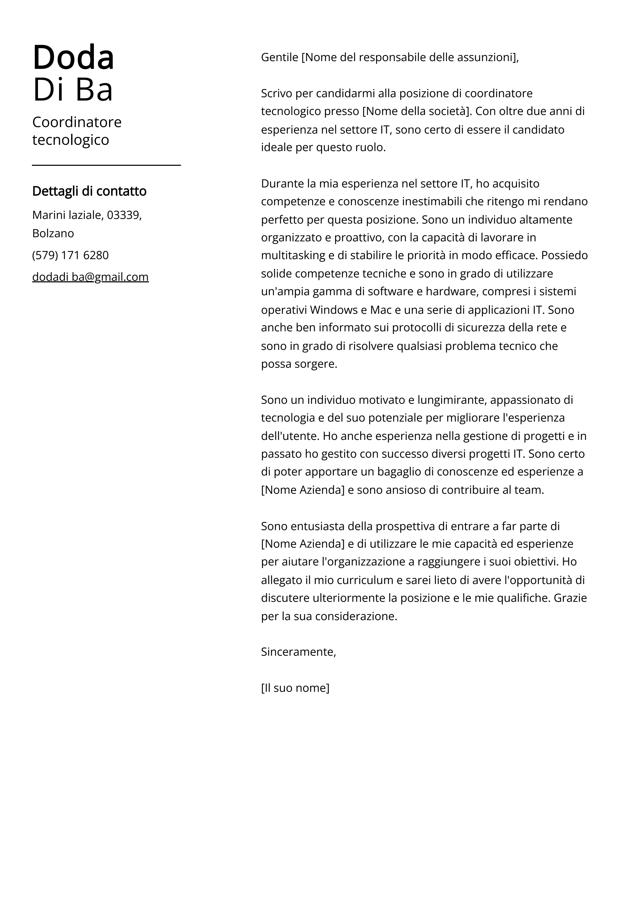 Esempio di lettera di presentazione per coordinatore tecnologico