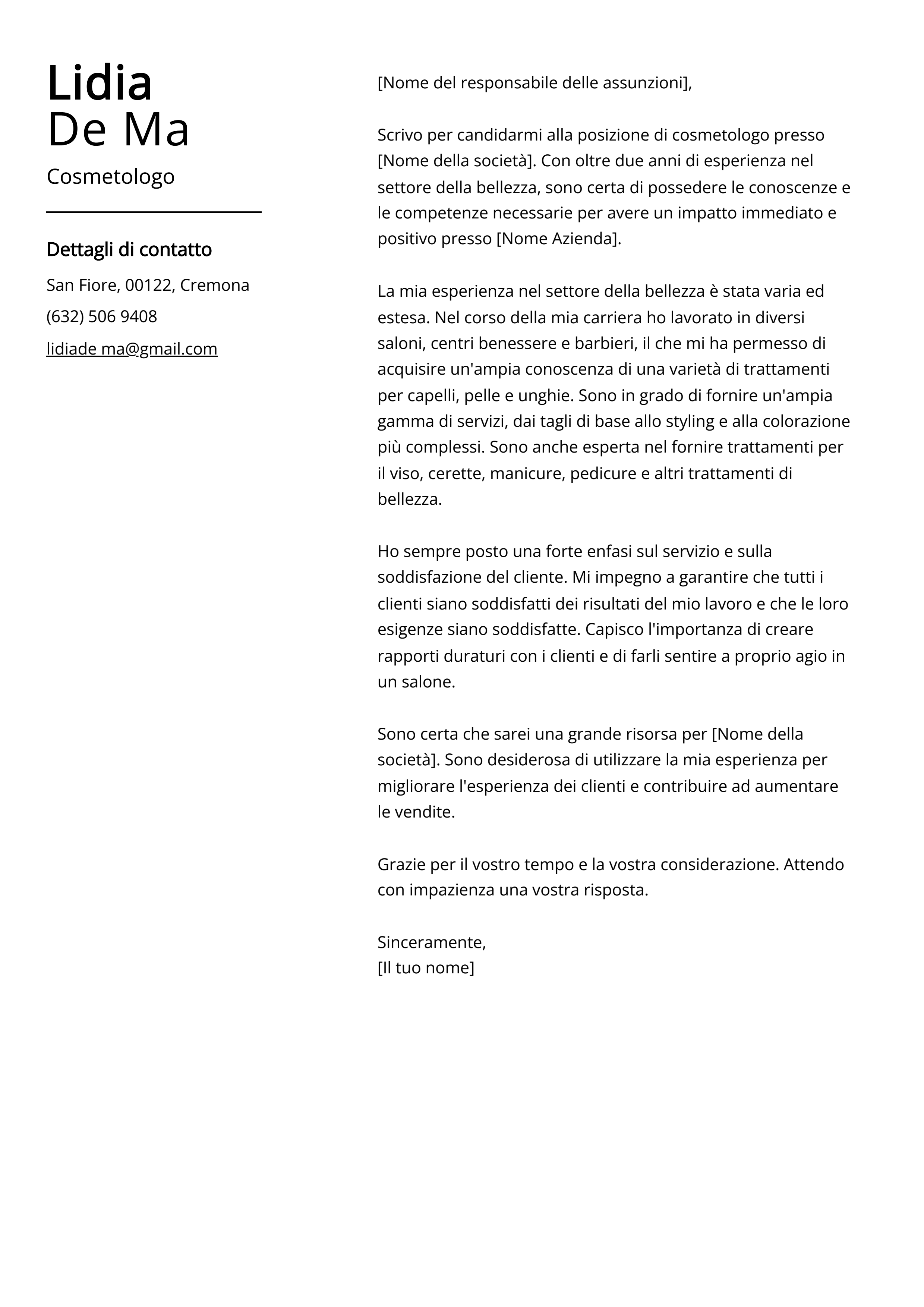 Esempio di lettera di presentazione per cosmetologo