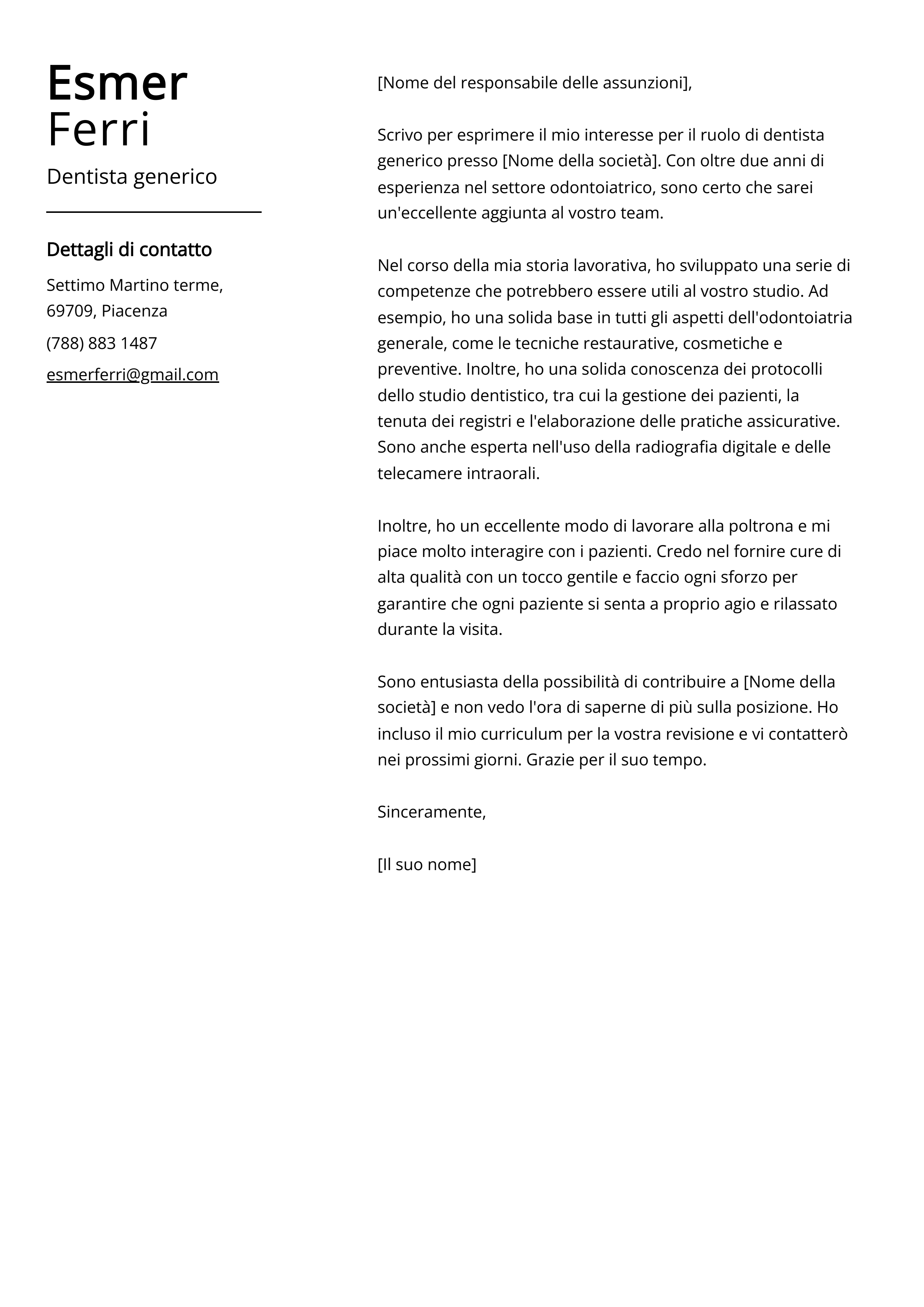 Esempio di lettera di presentazione per dentista generico