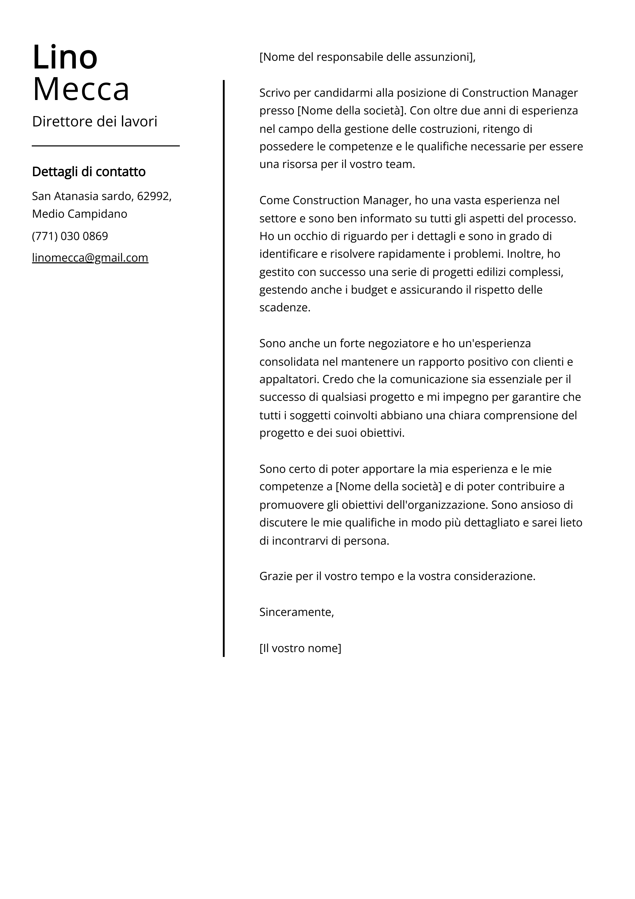 Esempio di lettera di presentazione del direttore dei lavori