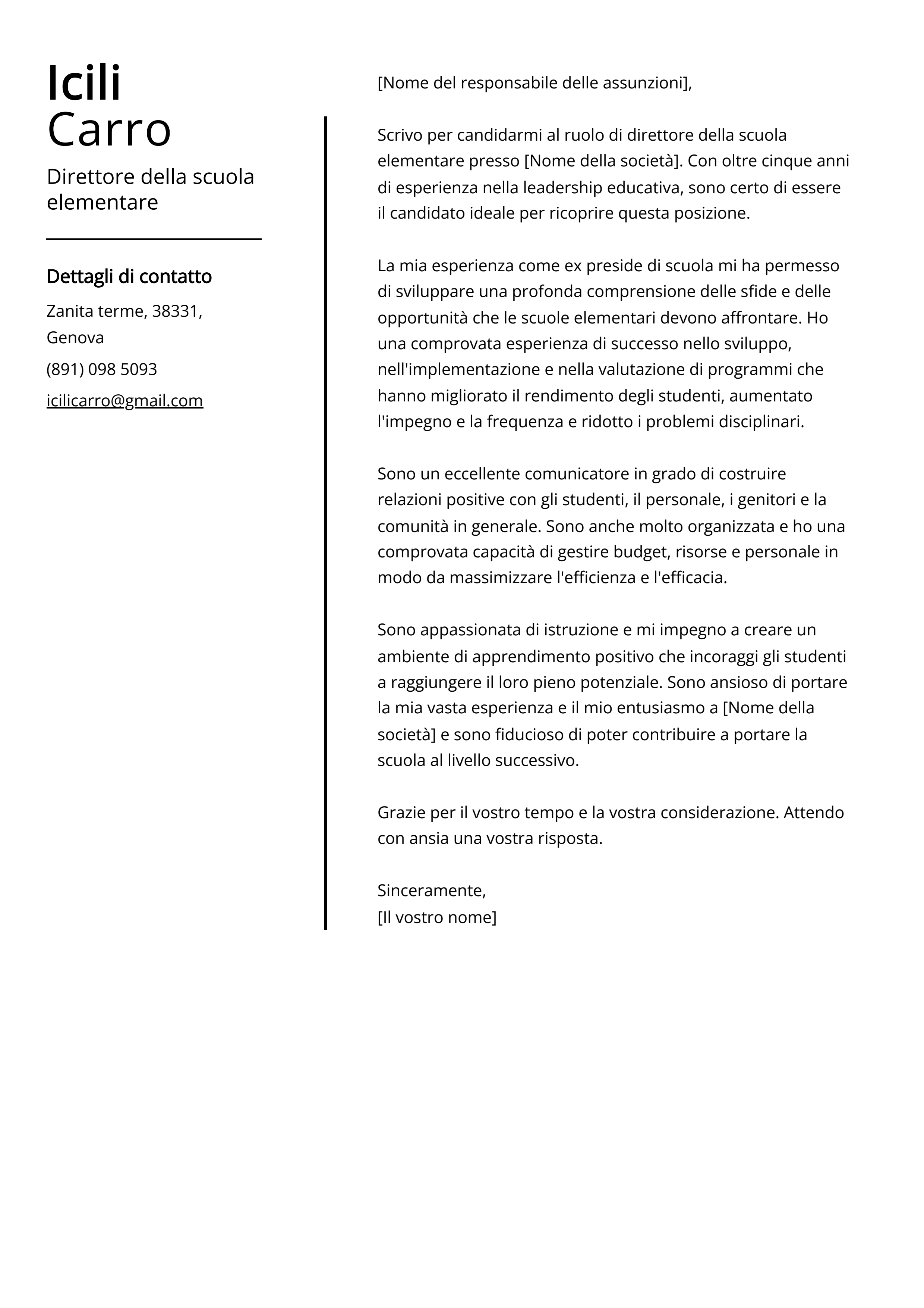 Esempio di lettera di presentazione del direttore della scuola elementare