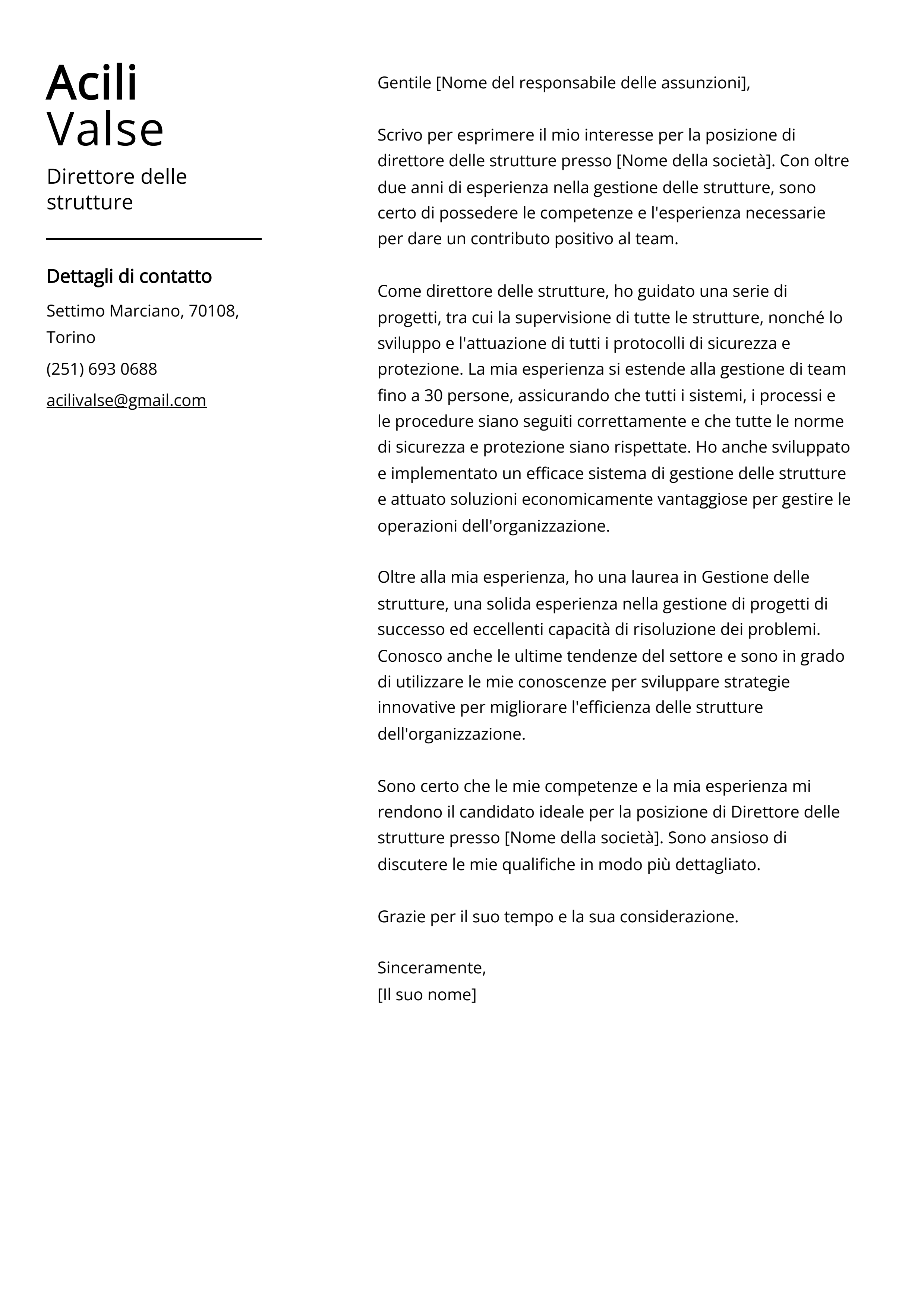 Esempio di lettera di presentazione del direttore delle strutture