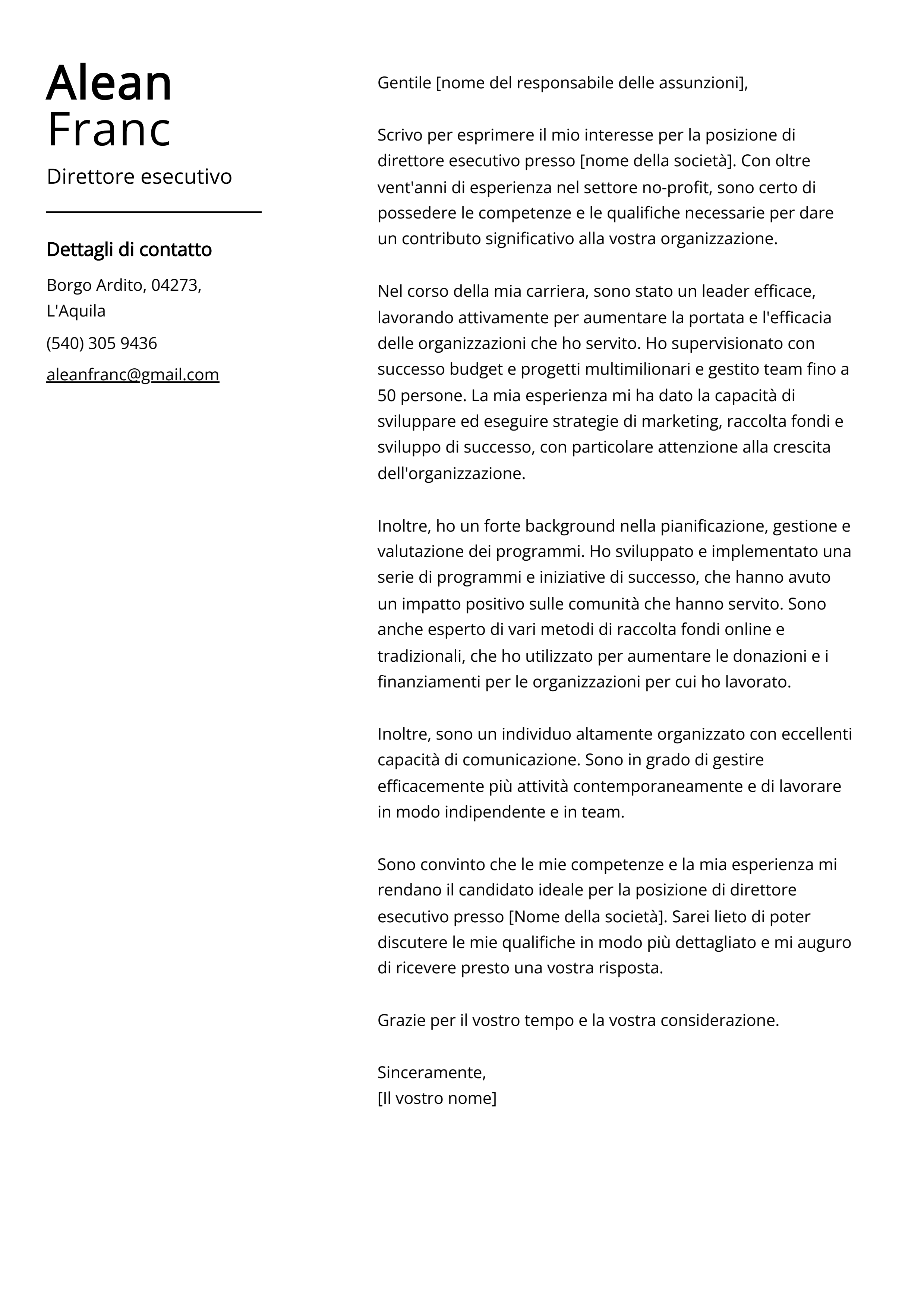 Esempio di lettera di presentazione del direttore esecutivo