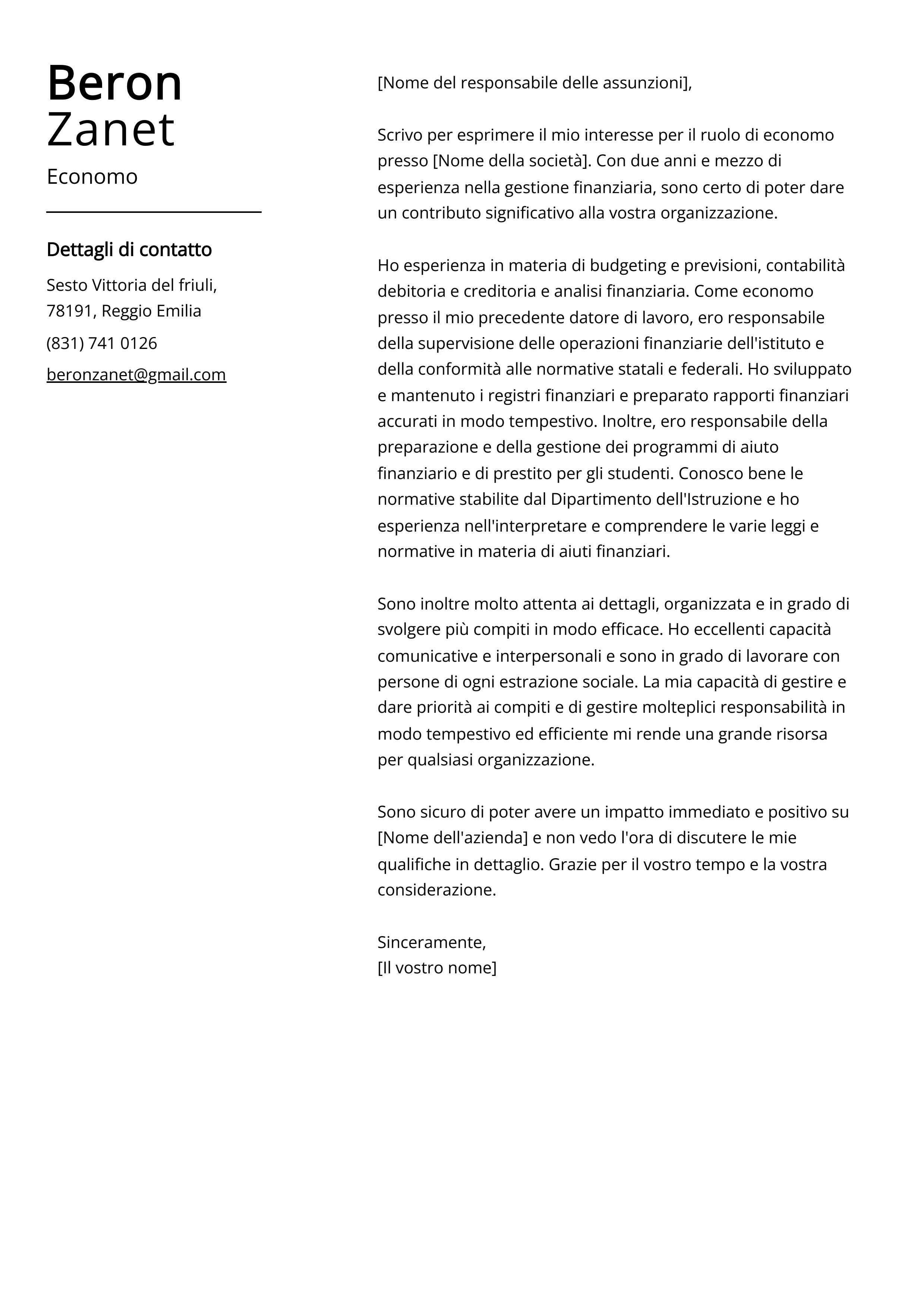 Esempio di lettera di presentazione Economo