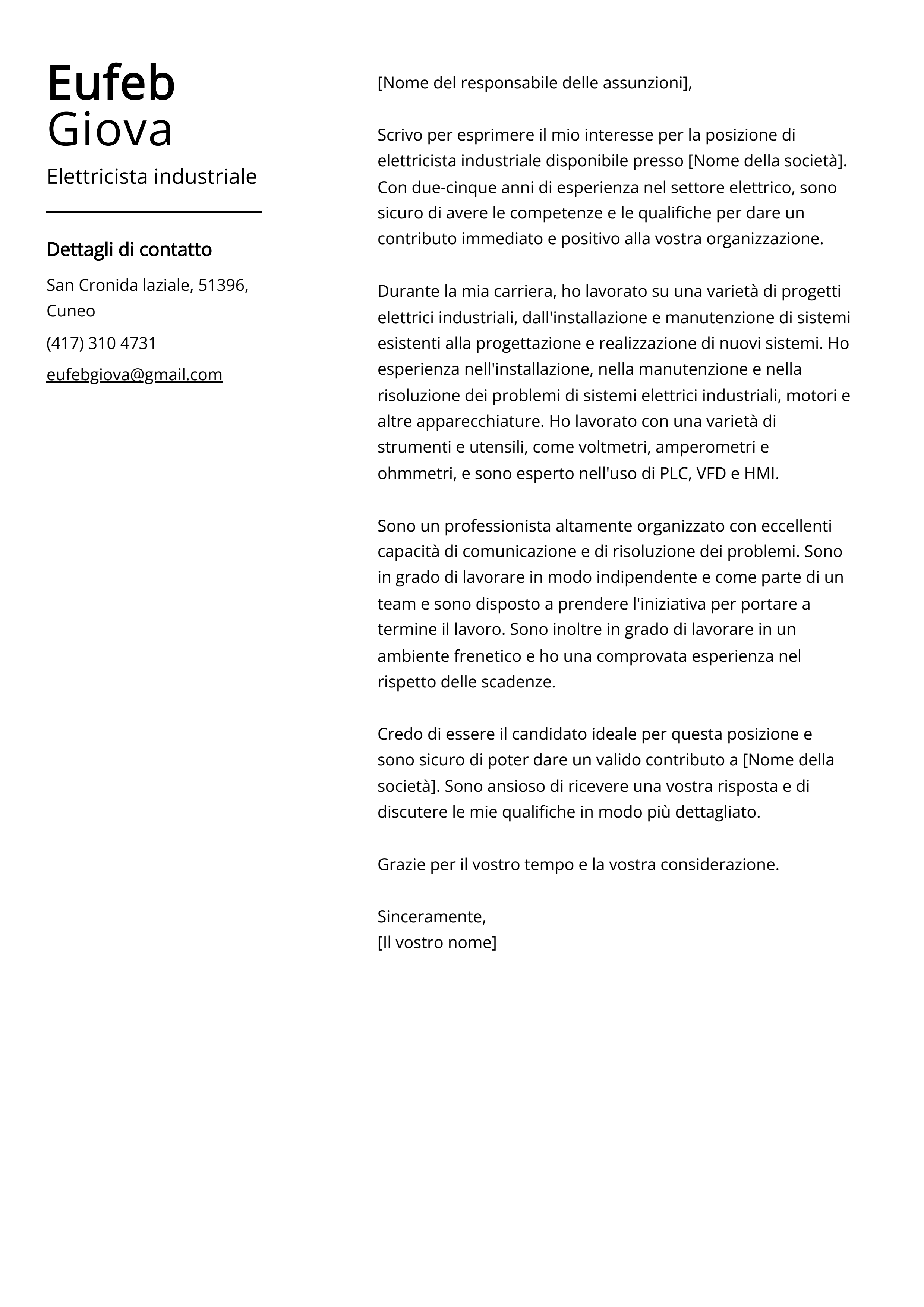 Esempio di lettera di presentazione per Elettricista industriale