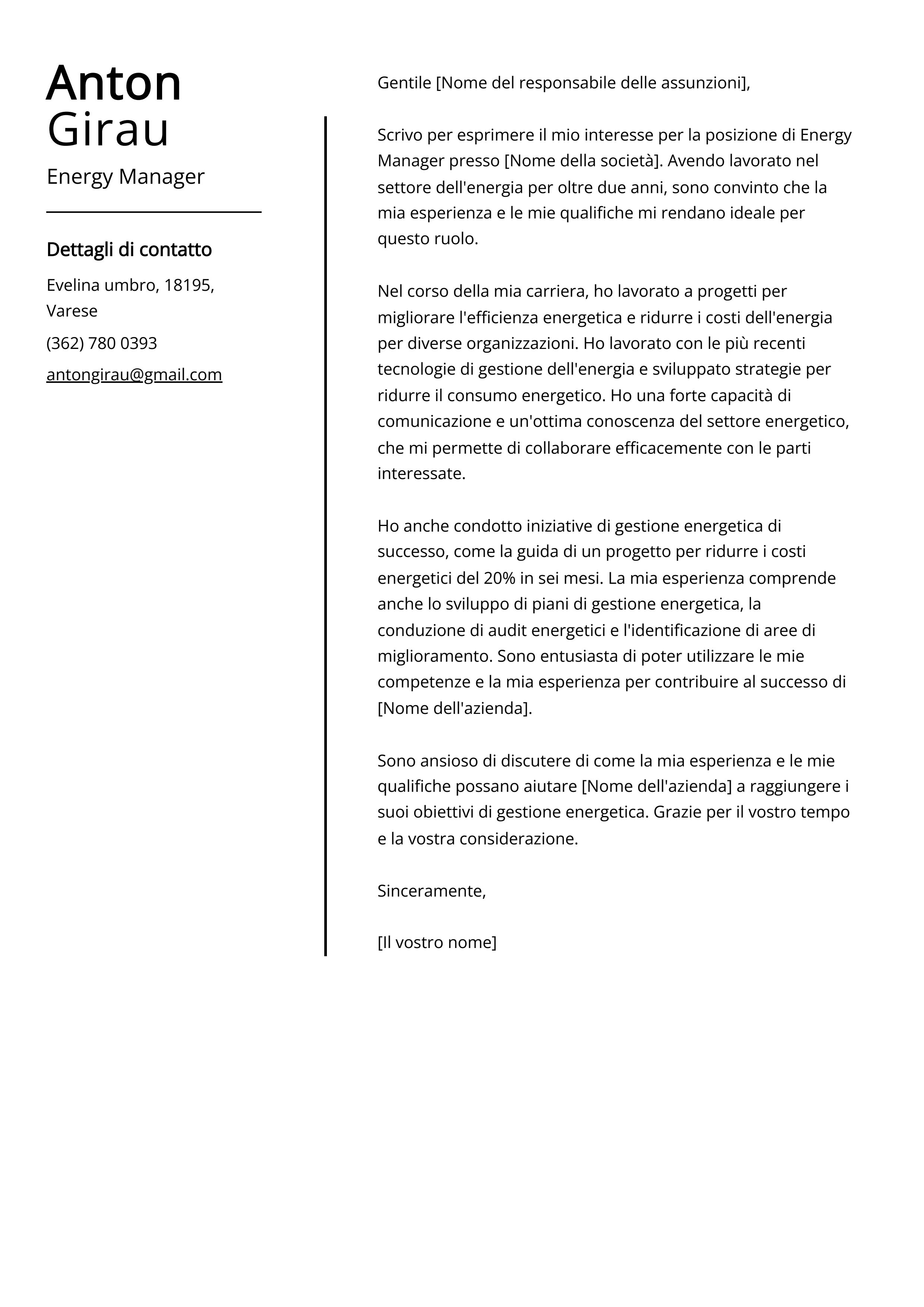 Esempio di lettera di presentazione Energy Manager