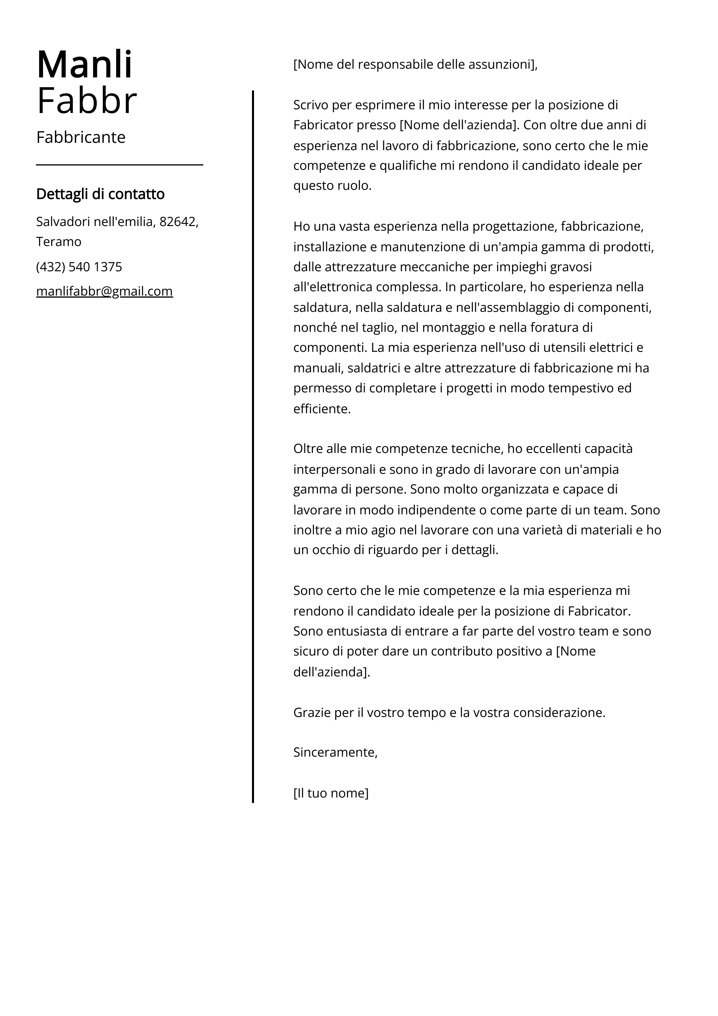 Esempio di lettera di presentazione per Fabbricante