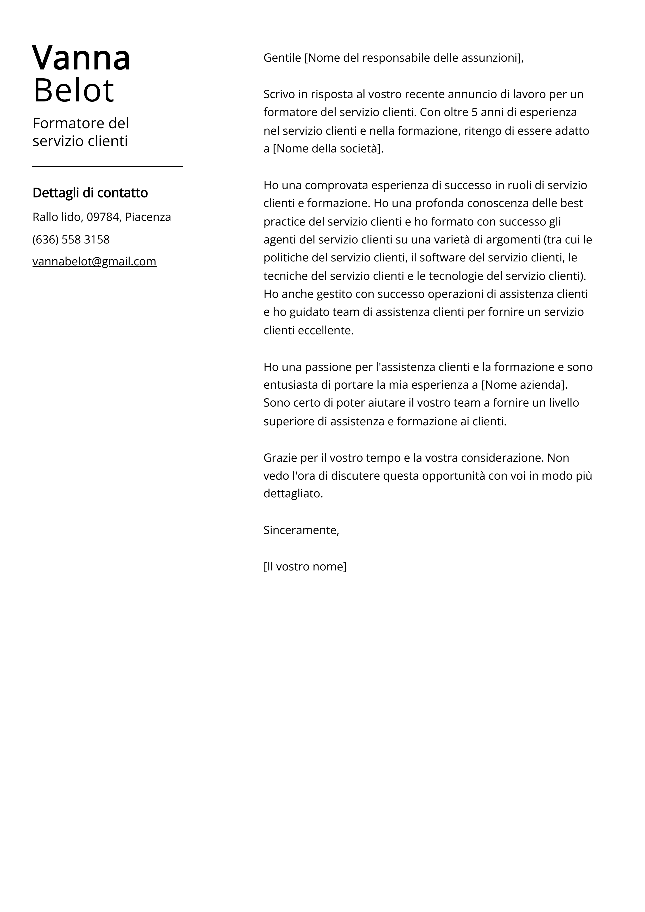 Formatore del servizio clienti Esempio di lettera di presentazione