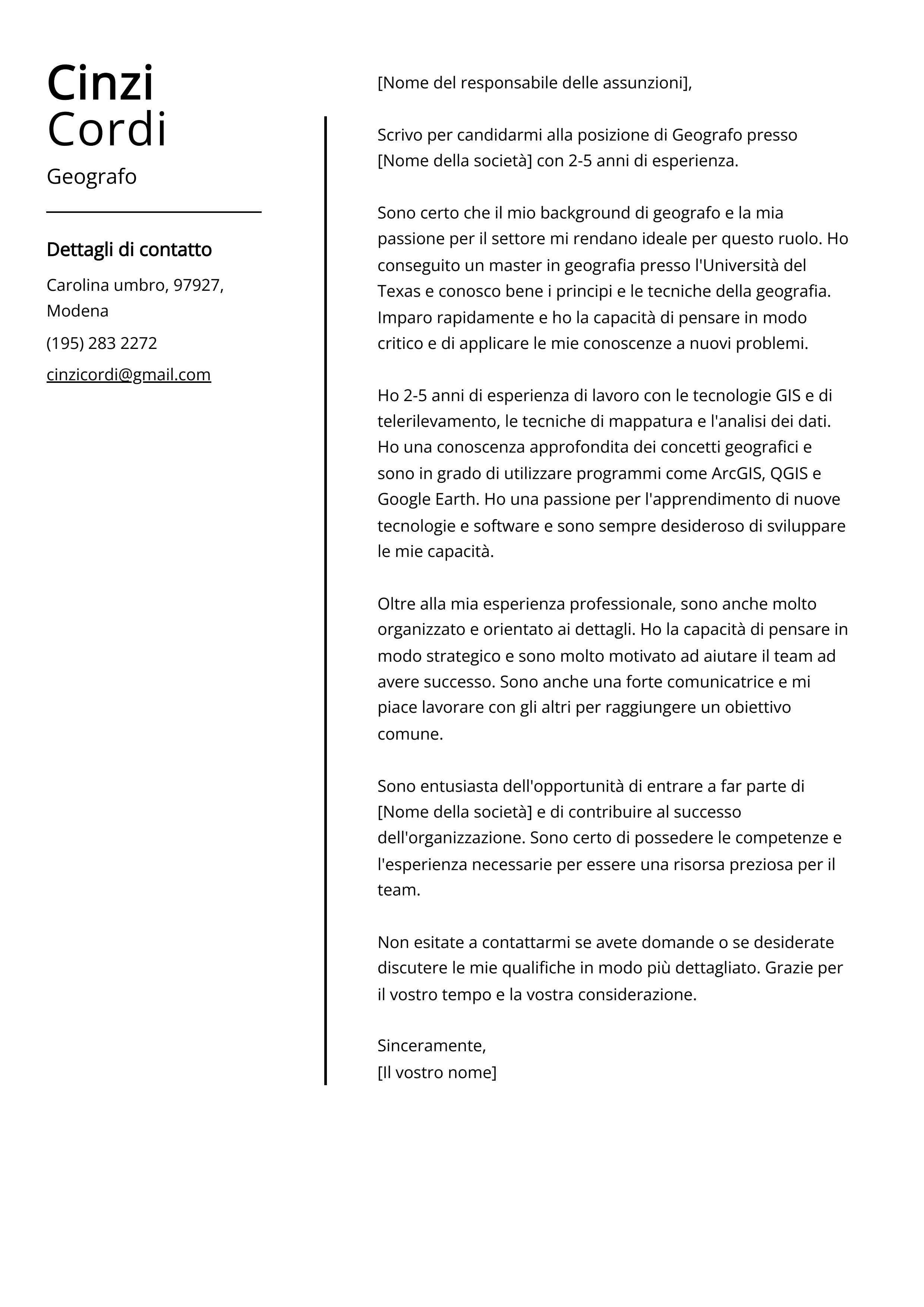 Esempio di lettera di presentazione per geografo