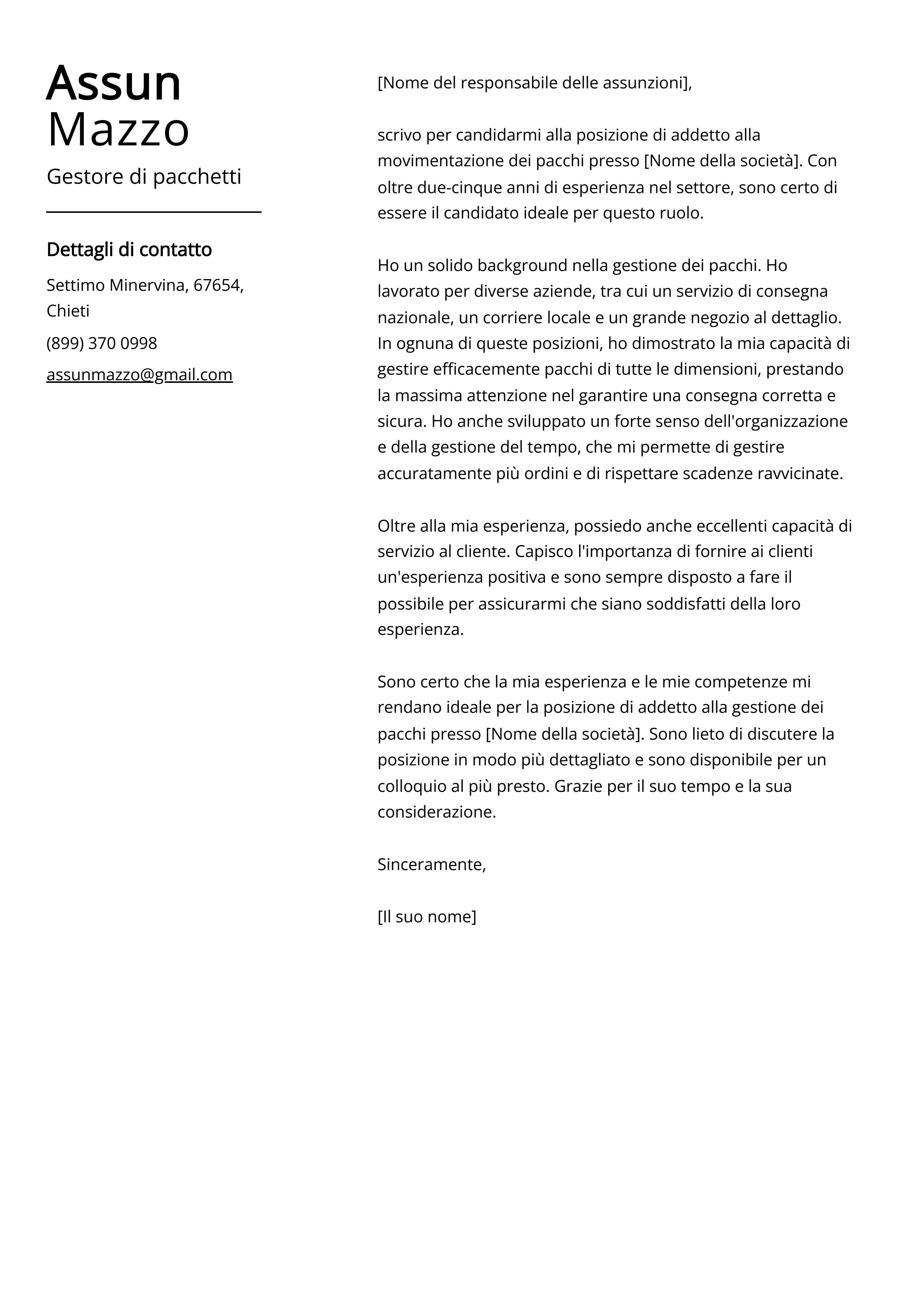 Esempio di lettera di presentazione del Gestore di pacchetti