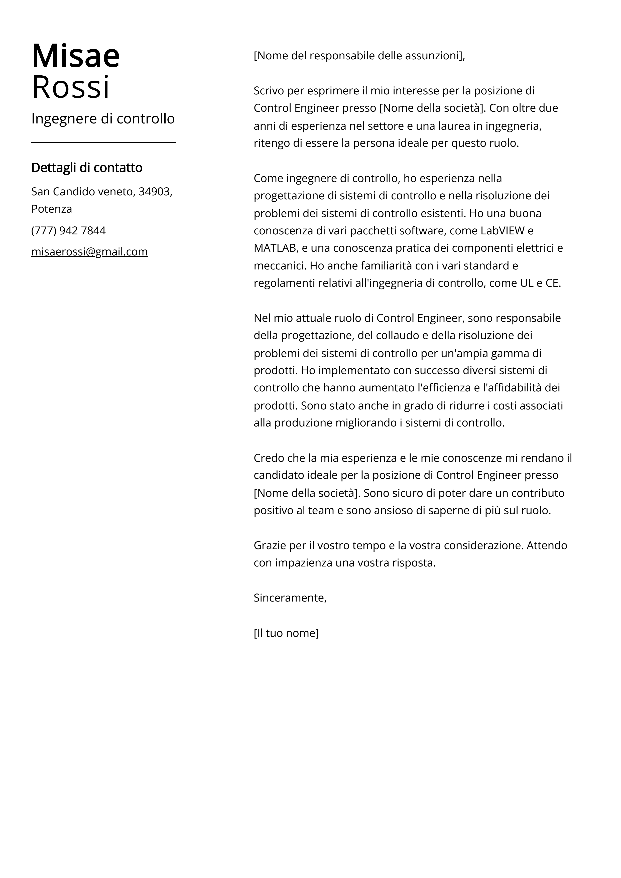 Esempio di lettera di presentazione per ingegnere di controllo