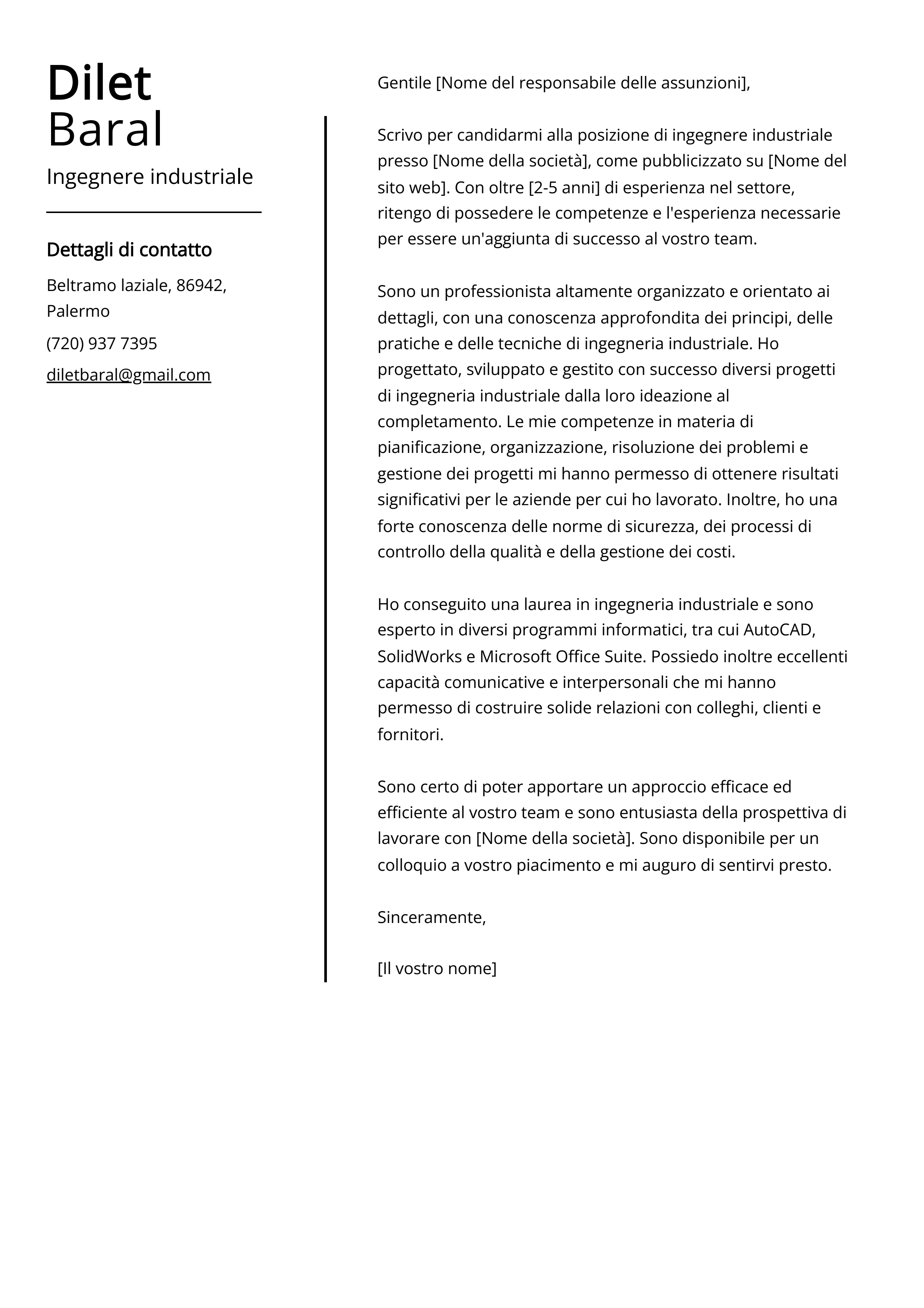 Esempio di lettera di presentazione per ingegnere industriale