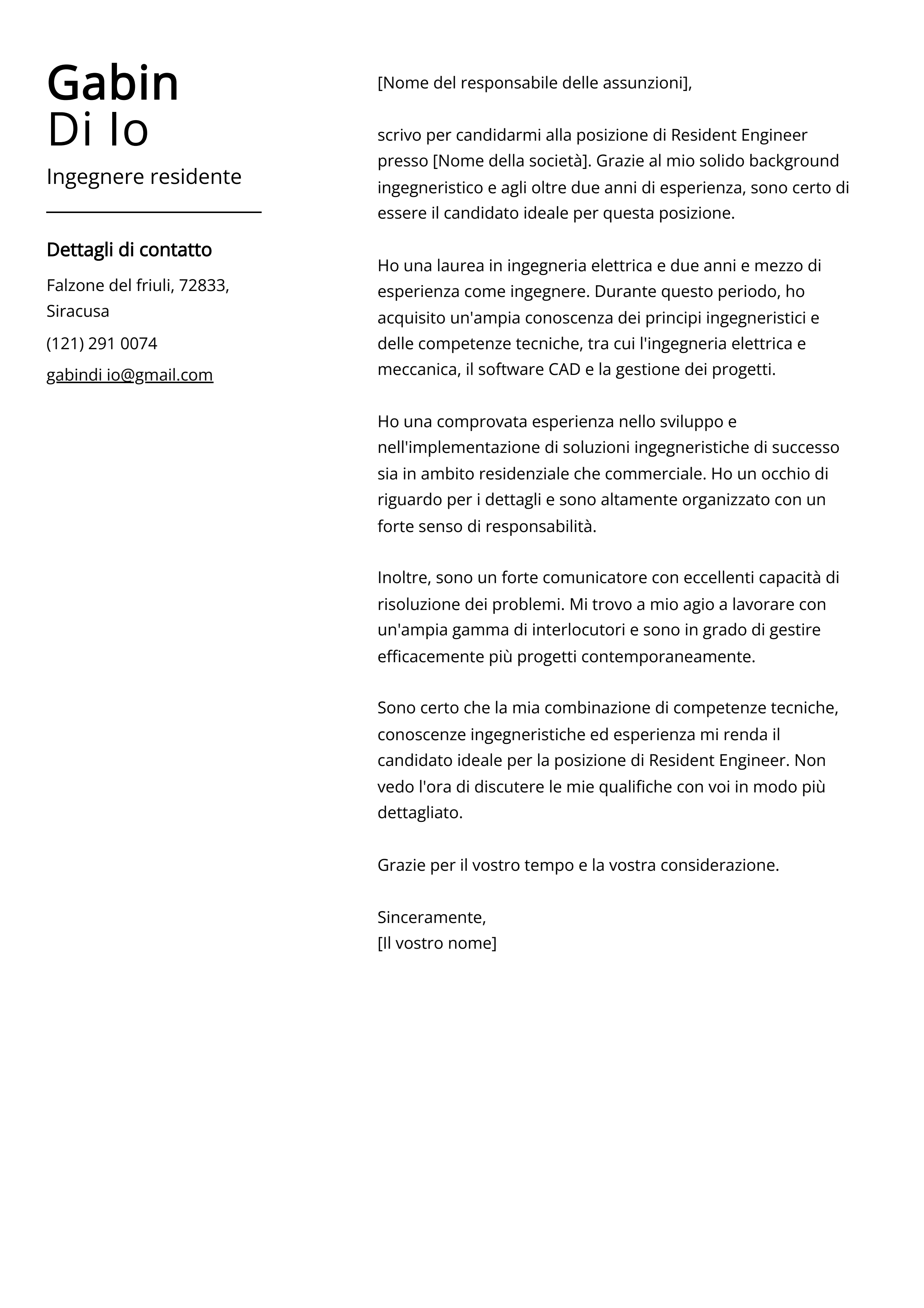 Esempio di lettera di presentazione per ingegnere residente