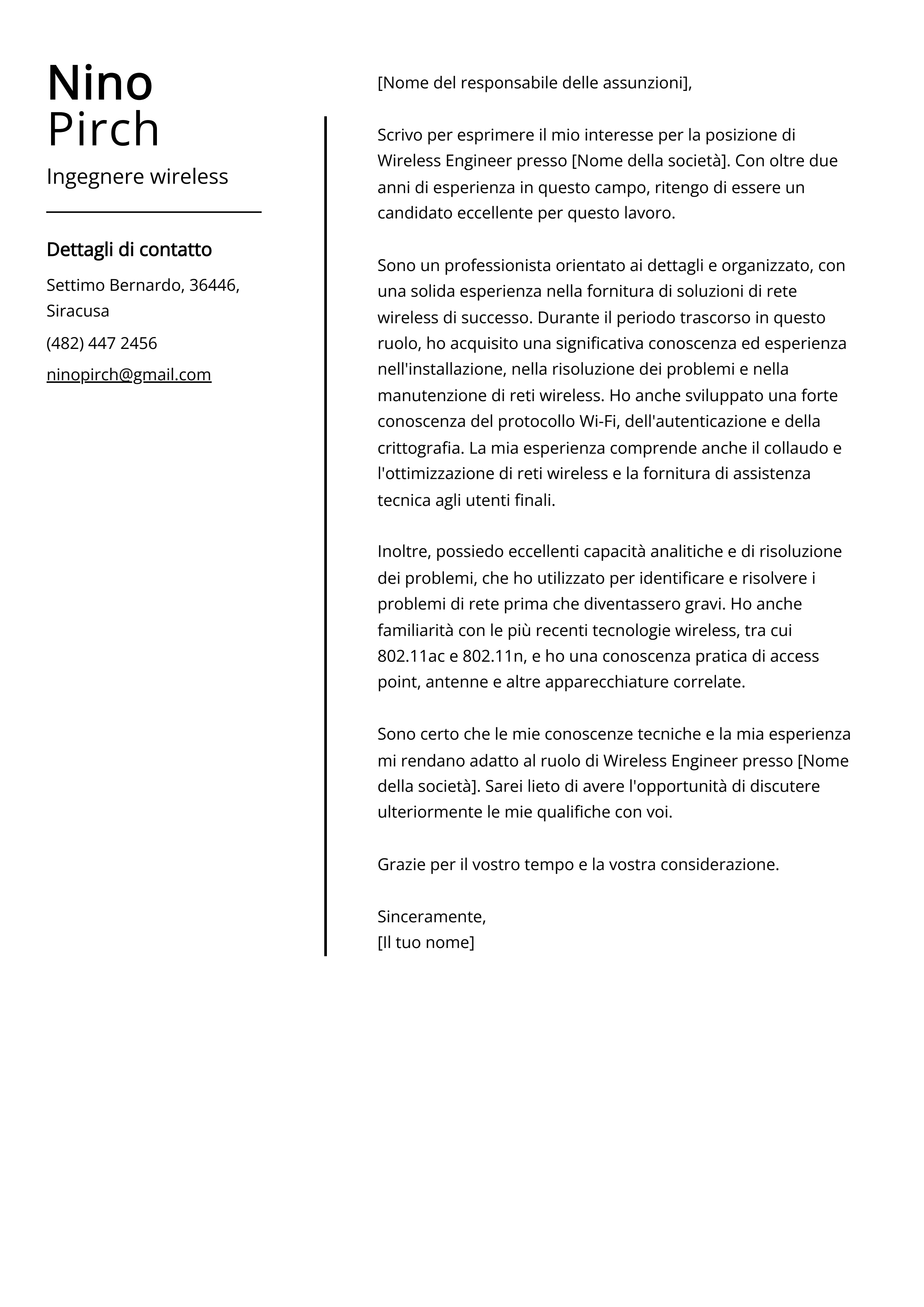 Esempio di lettera di presentazione per ingegnere wireless