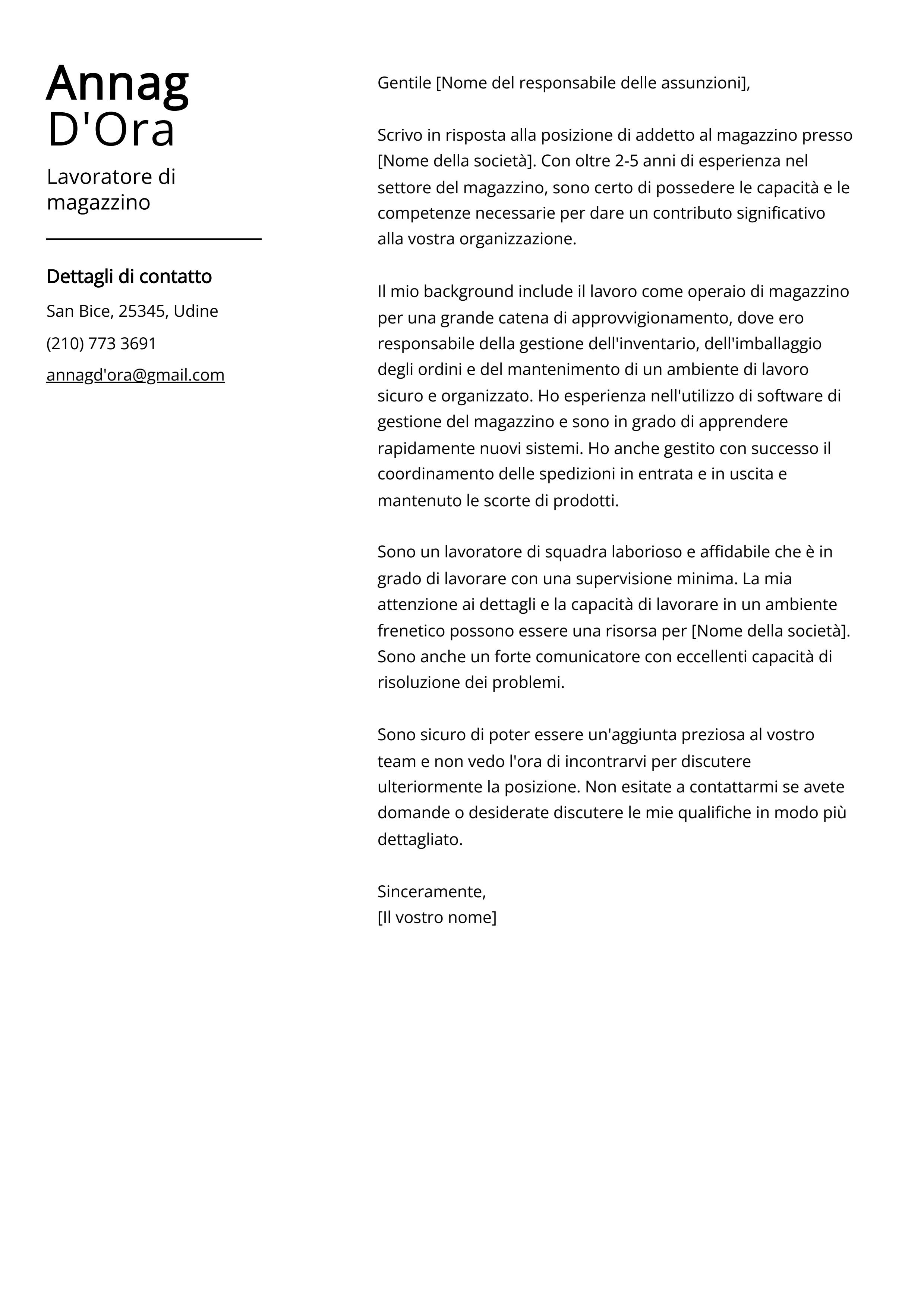 Esempio di lettera di presentazione per Lavoratore di magazzino