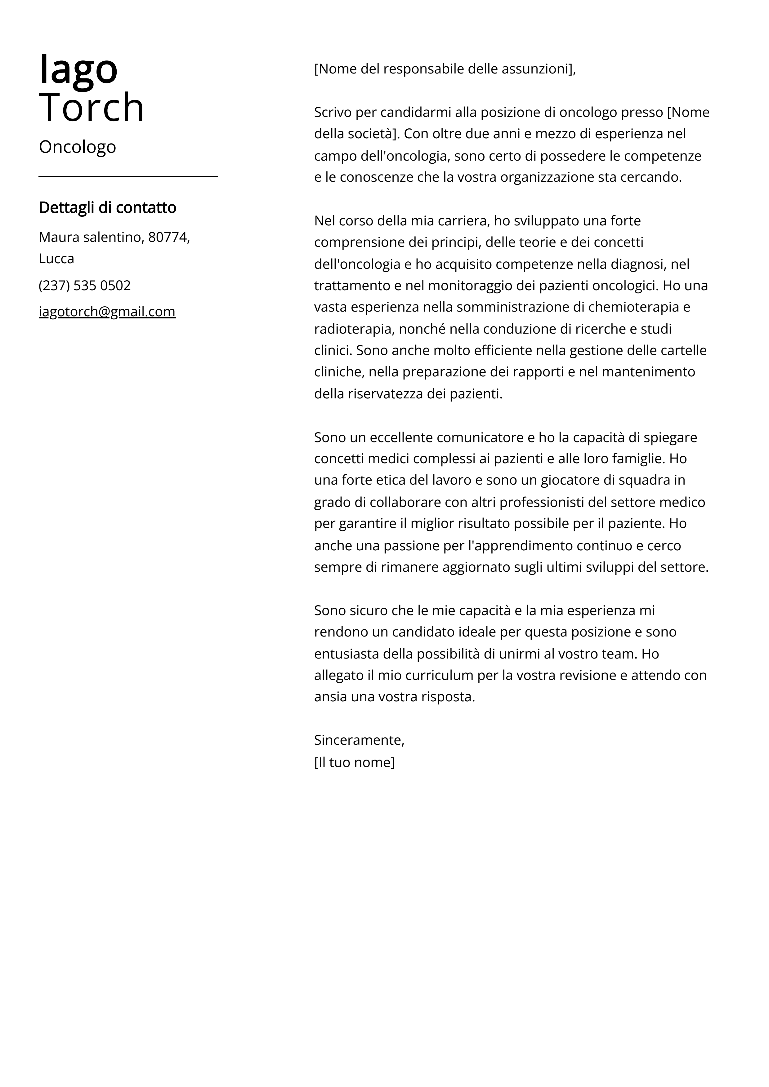 Esempio di lettera di presentazione per oncologo